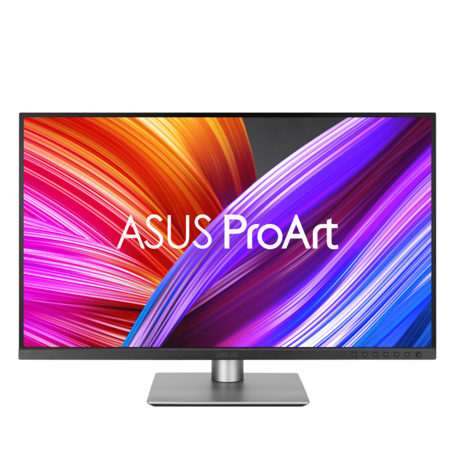 An ASUS ProArt monitor with a colorful abstract background. The monitor is on a silver stand against a black background.
