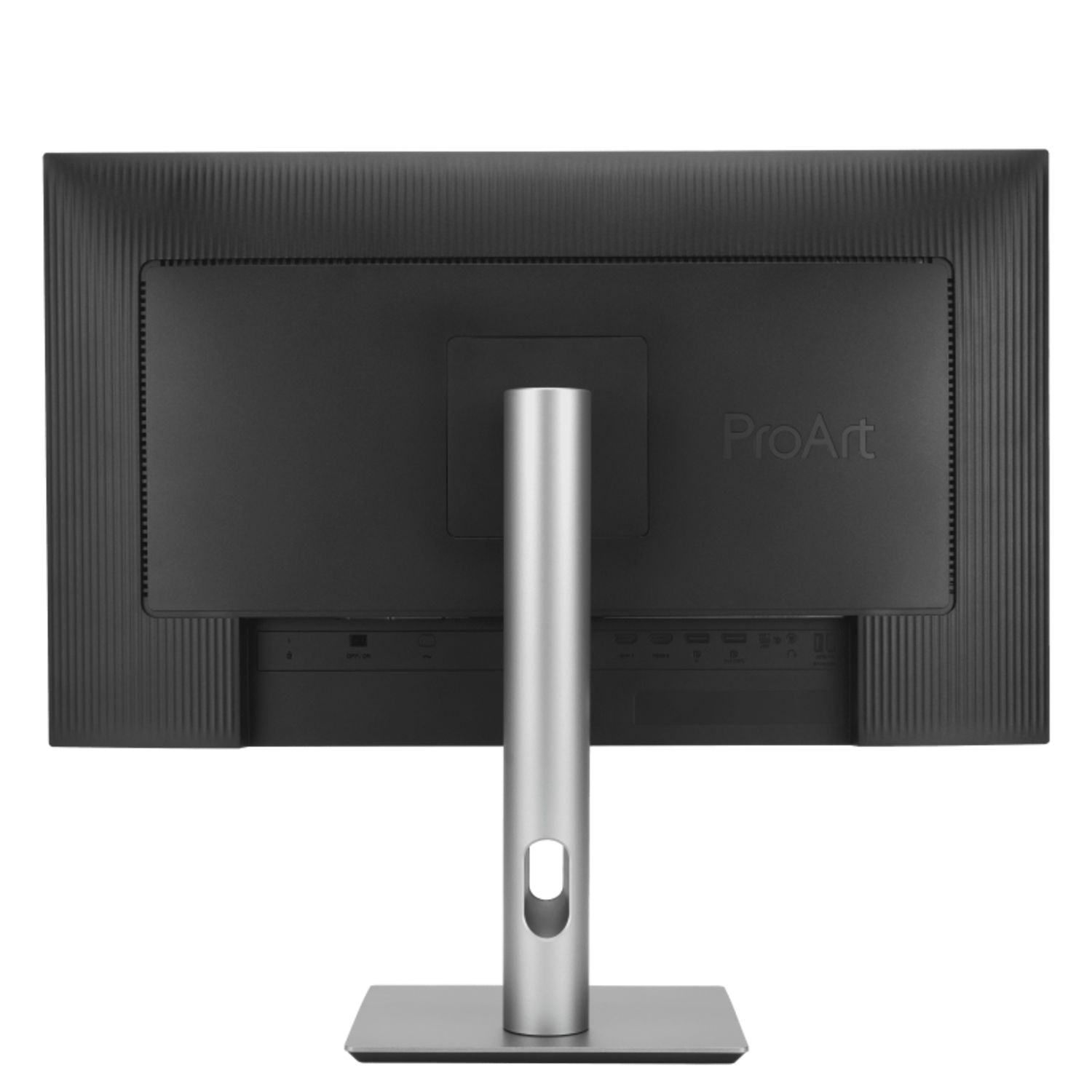 Rear view of a black ProArt monitor. Silver stand and base. Ports and power button are visible at the bottom.