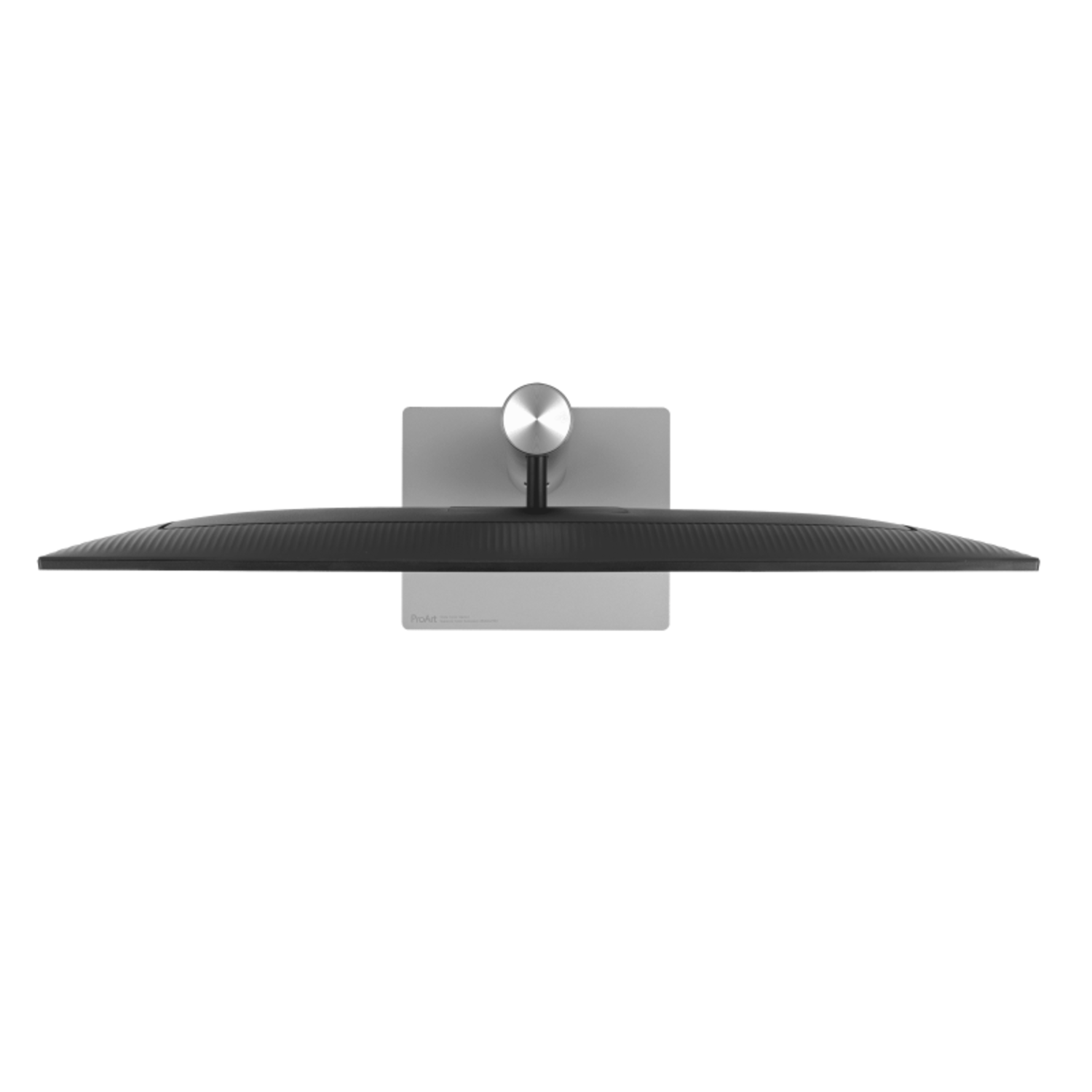 Top view of a computer monitor. The screen is black, with a silver stand and a circular pivot. The background is black.