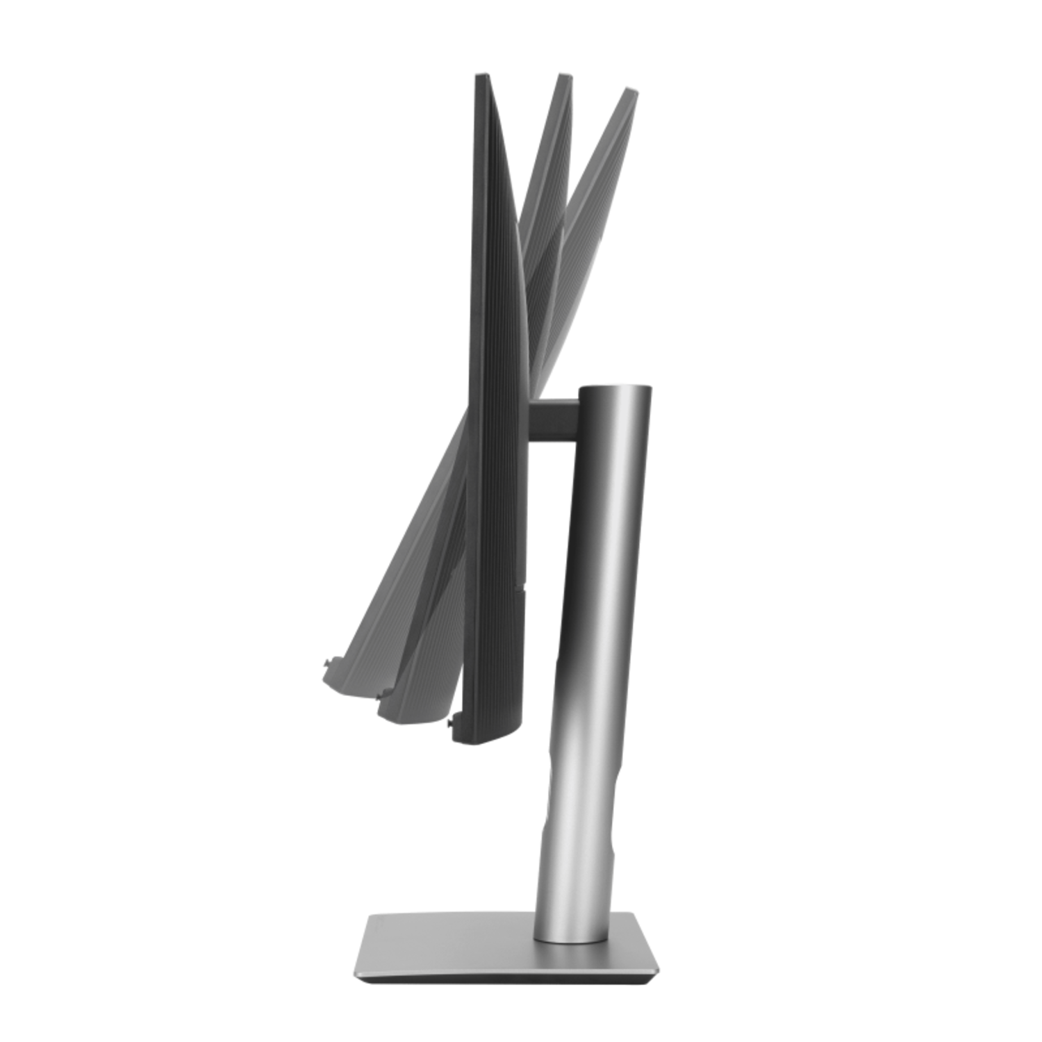 Side view of a silver computer monitor. The screen is angled, supported by a silver stand and base, set against a black background.