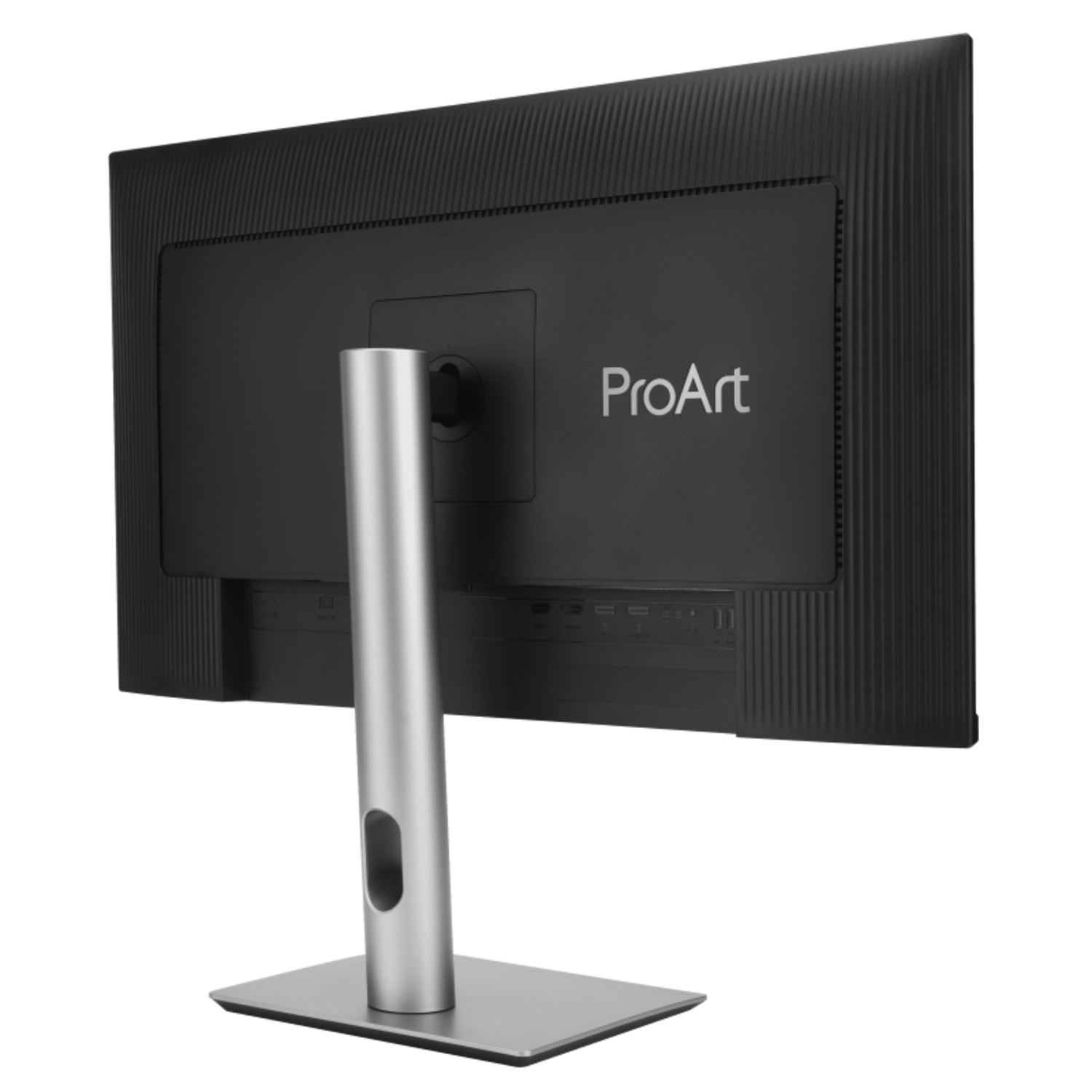 The back of a black ProArt monitor with a silver stand. Ports and branding are visible.
