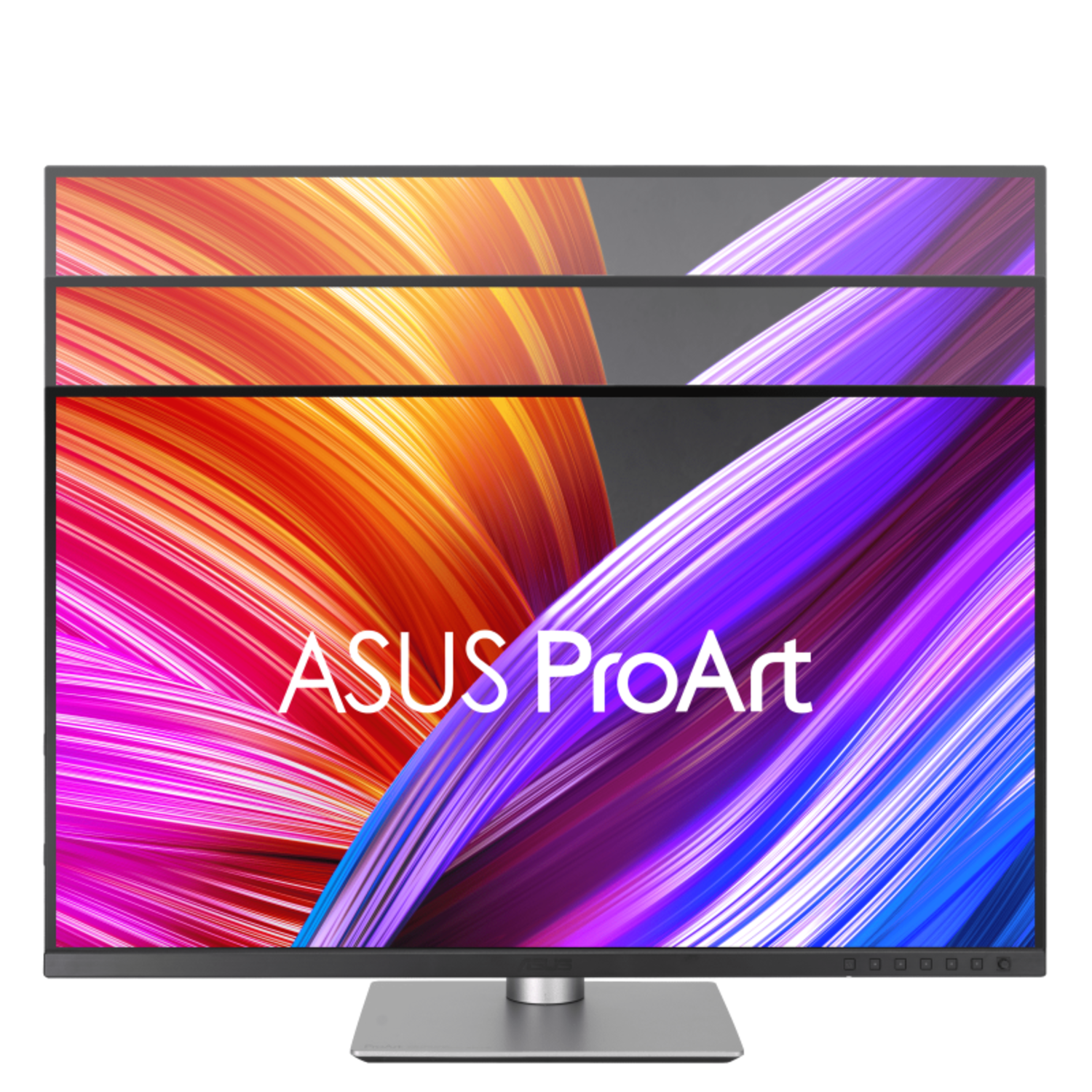 ASUS ProArt monitor with colorful abstract background. The monitor has a silver stand and a thin black bezel.