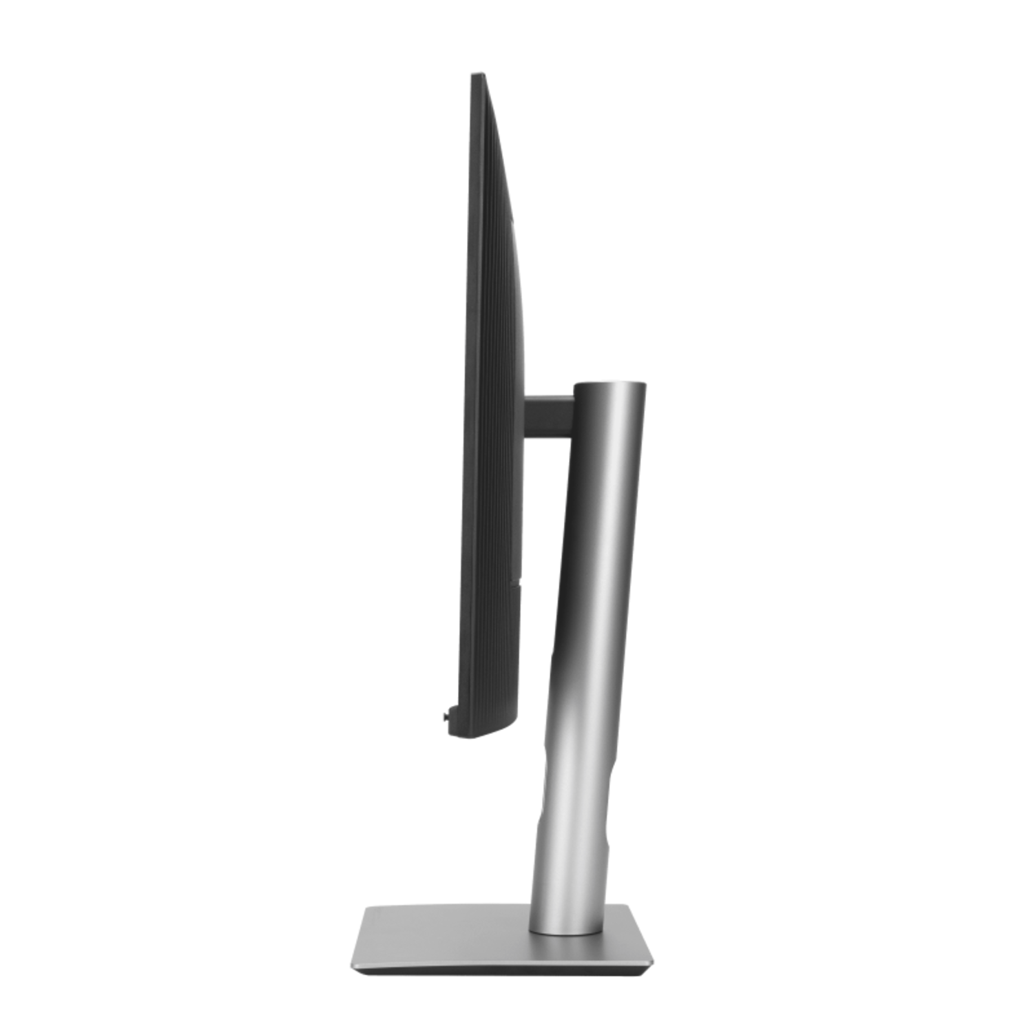 A side view of a computer monitor. The monitor is black, with a silver stand and base, set against a black background.