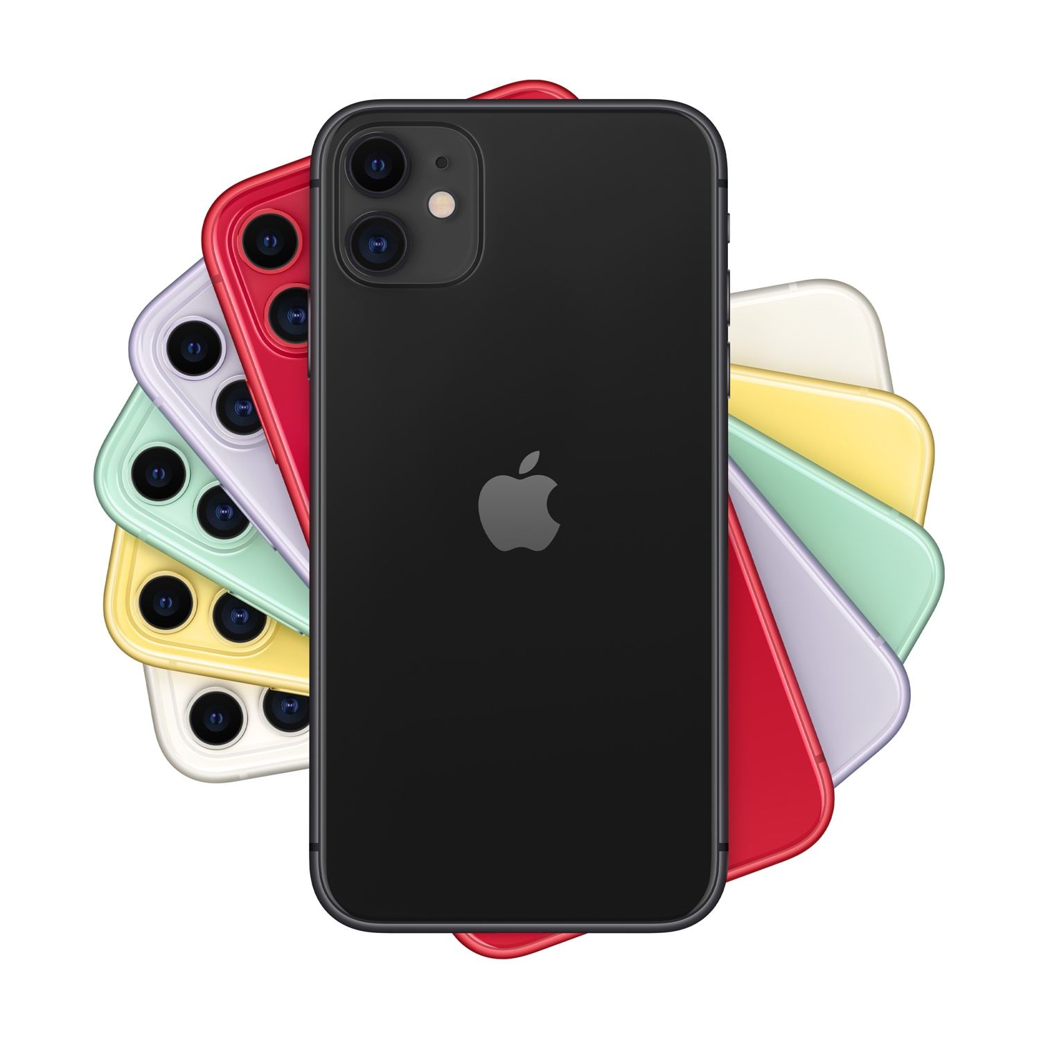 iPhone 11 nero con più telefoni colorati dietro. I telefoni sono rossi, viola, verdi, gialli e bianchi. Logo Apple visibile.