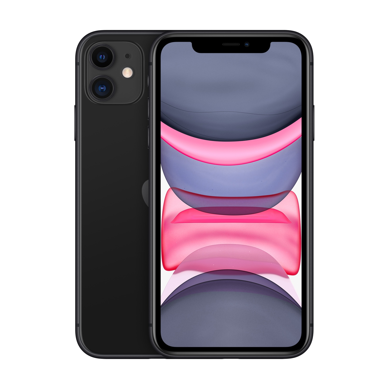 iPhone 11 nero. La parte anteriore mostra uno sfondo astratto con forme rosa e grigie. Il retro ha due fotocamere e un flash.