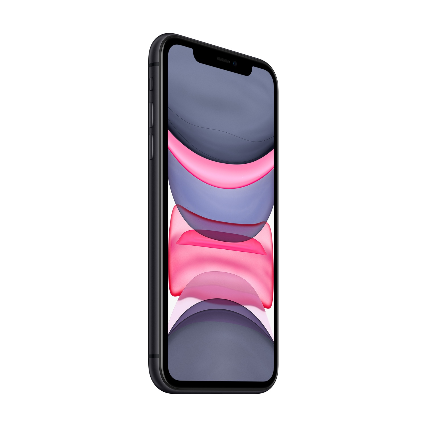 Un iPhone 11 nero mostra uno sfondo astratto colorato con forme rosa, grigie e bianche su sfondo bianco.