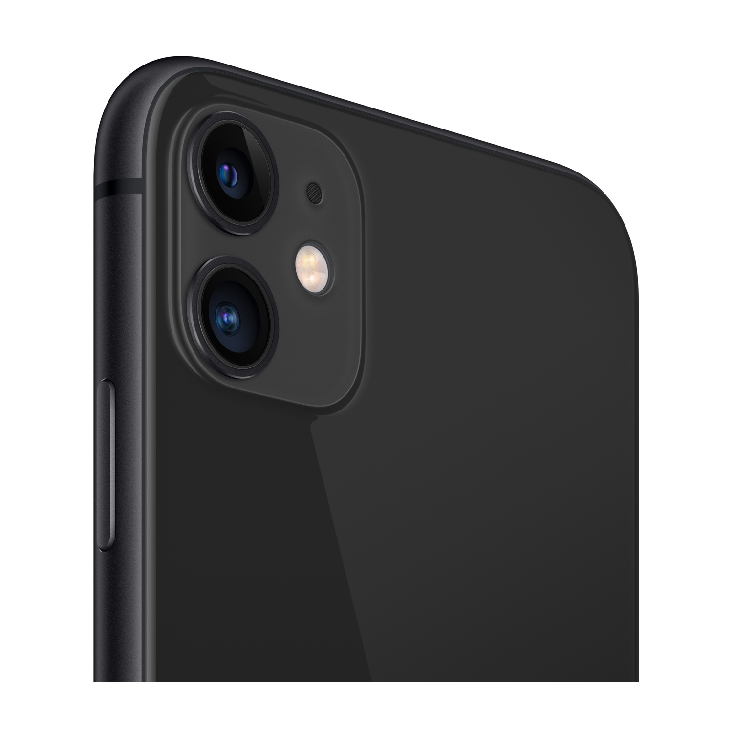 Primo piano di uno smartphone nero. Obiettivi a doppia fotocamera e flash visibili. Il retro del telefono è lucido.