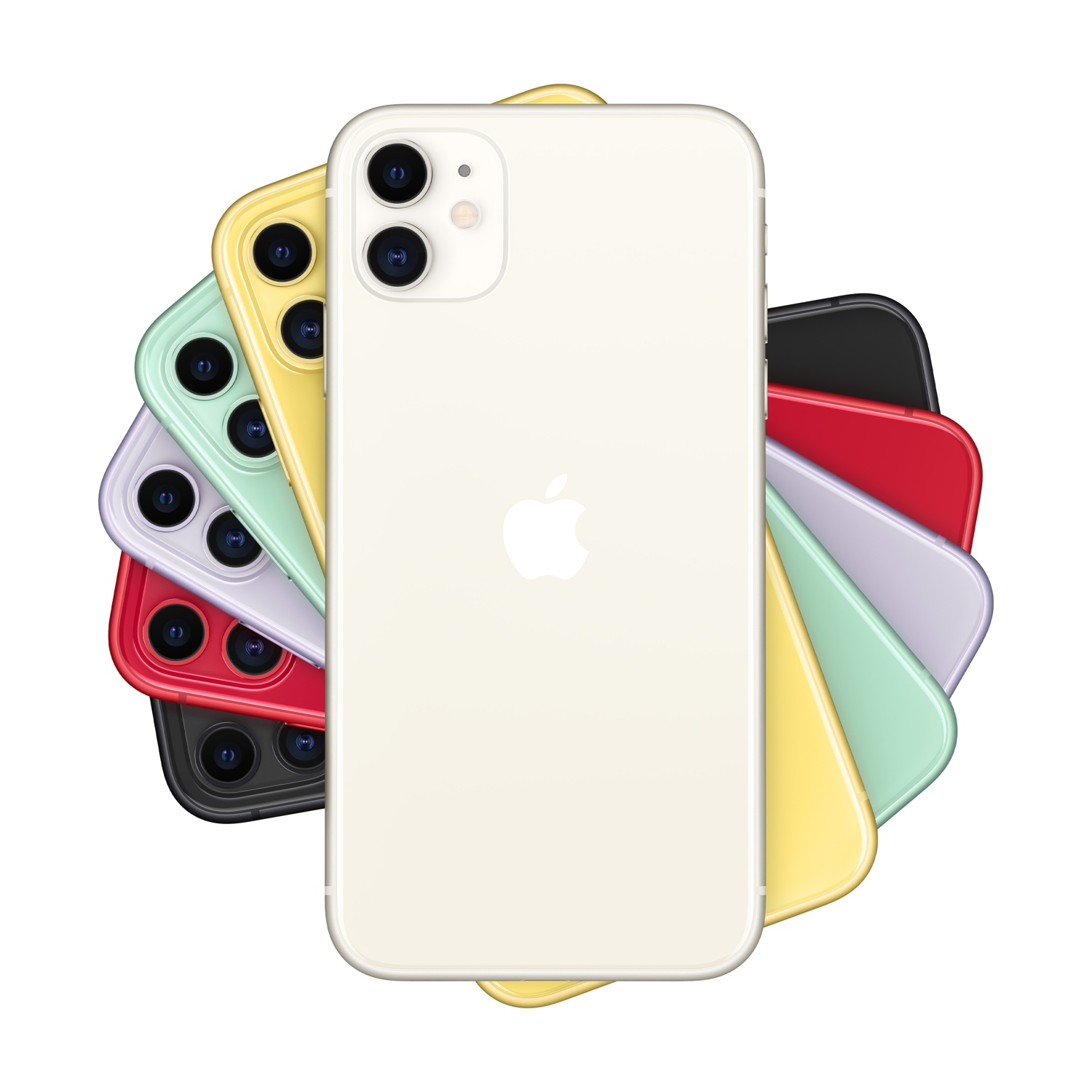Un iPhone 11 bianco sporco è circondato da telefoni di vari colori come rosso, nero, giallo, verde e viola. Il logo Apple è visibile.