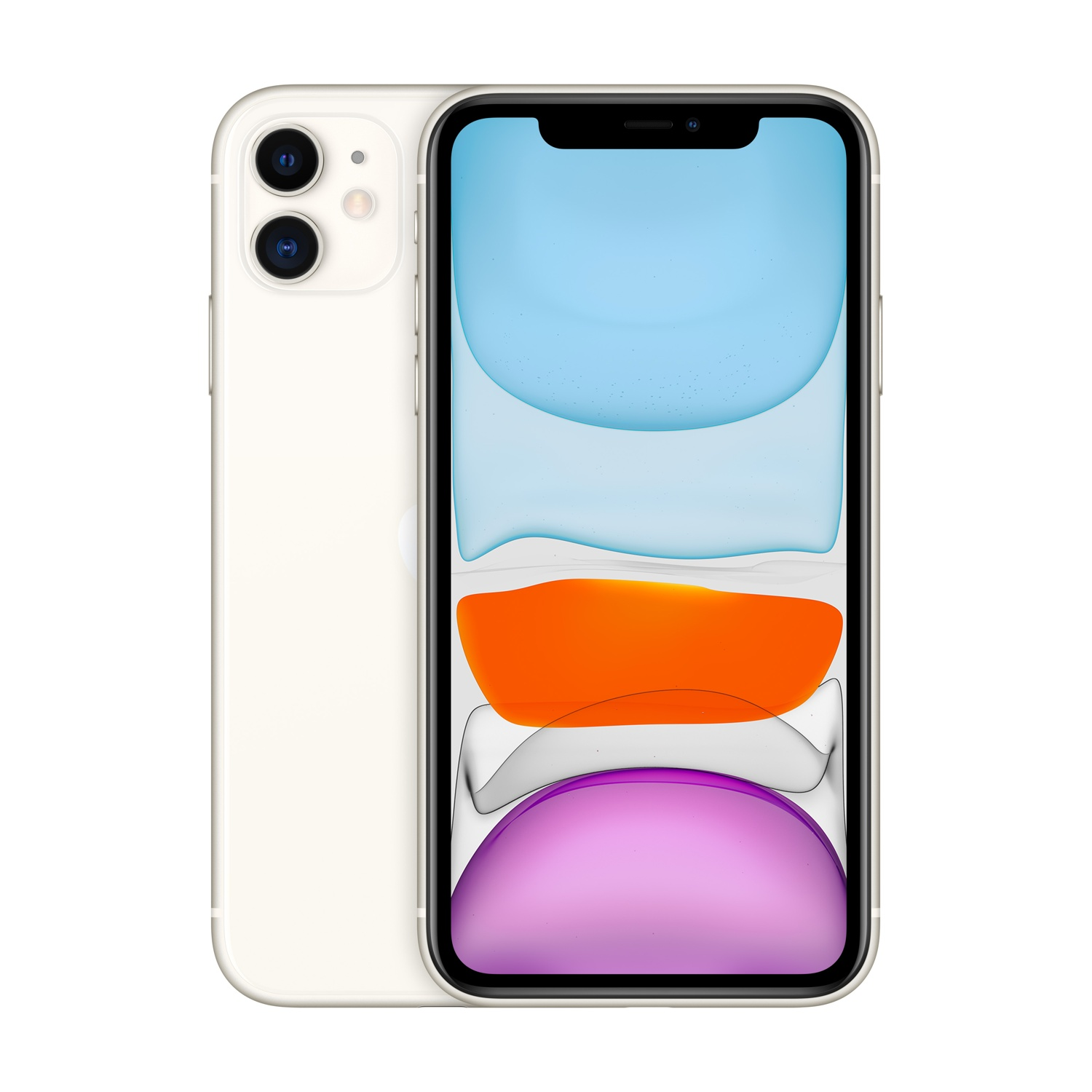 Un iPhone 11 bianco, che mostra la parte anteriore e posteriore. Lo schermo mostra forme astratte colorate. Doppia fotocamera sul retro.