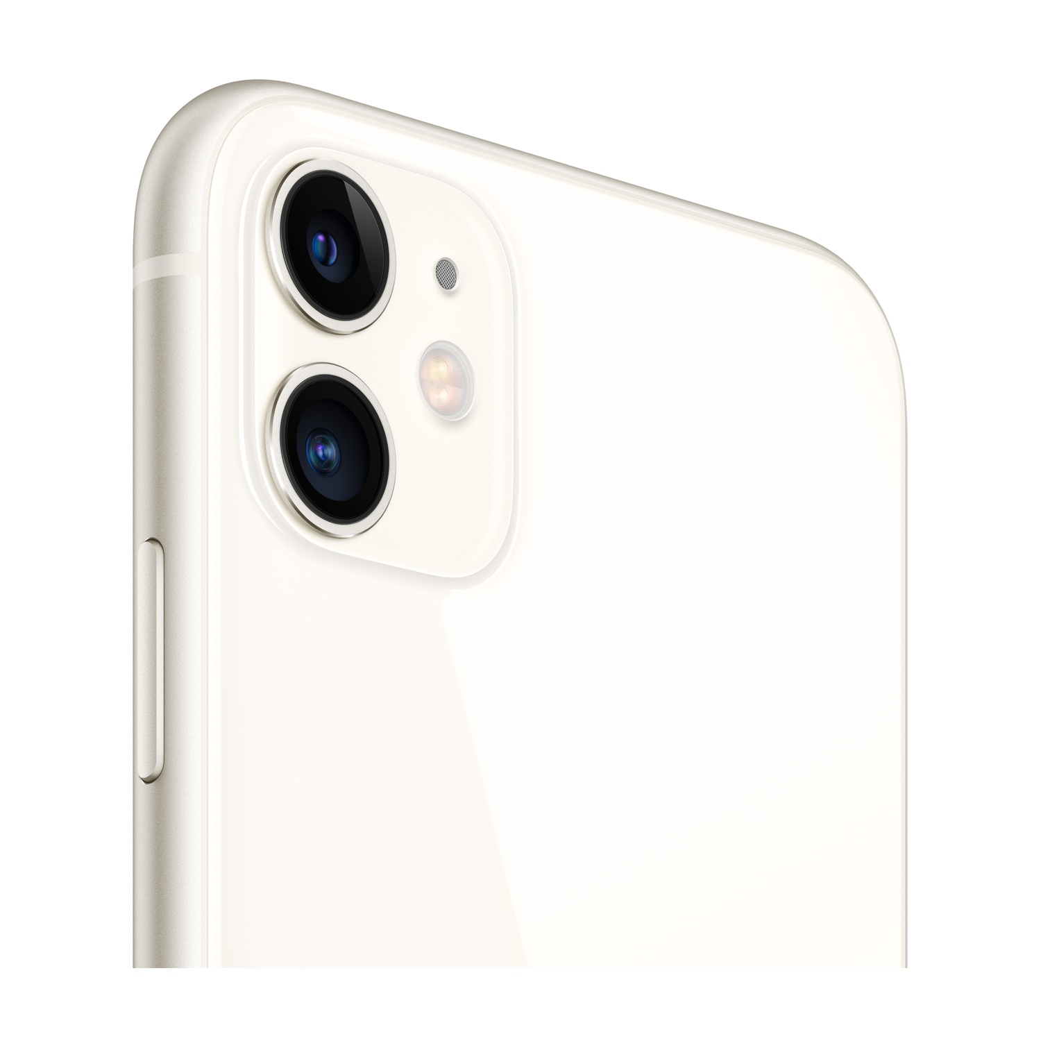 Primo piano di uno smartphone bianco. Sono visibili due obiettivi neri, insieme a un flash e un microfono. Il lato del telefono è argento.