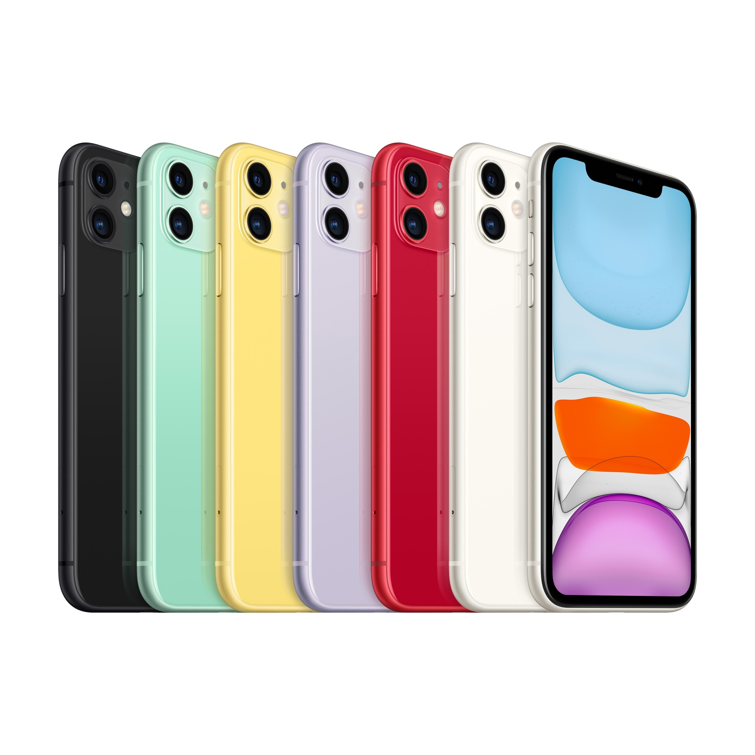 Sette smartphone colorati in fila. Ogni telefono ha un colore diverso e due lenti della fotocamera sul retro.