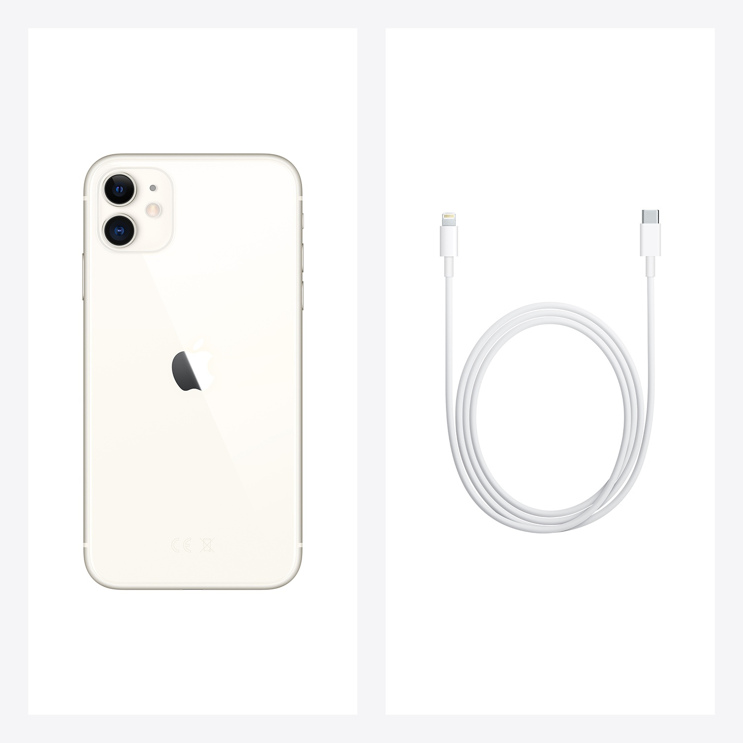 Un iPhone 11 bianco e un cavo di ricarica bianco. Il telefono è a sinistra, il cavo a destra.