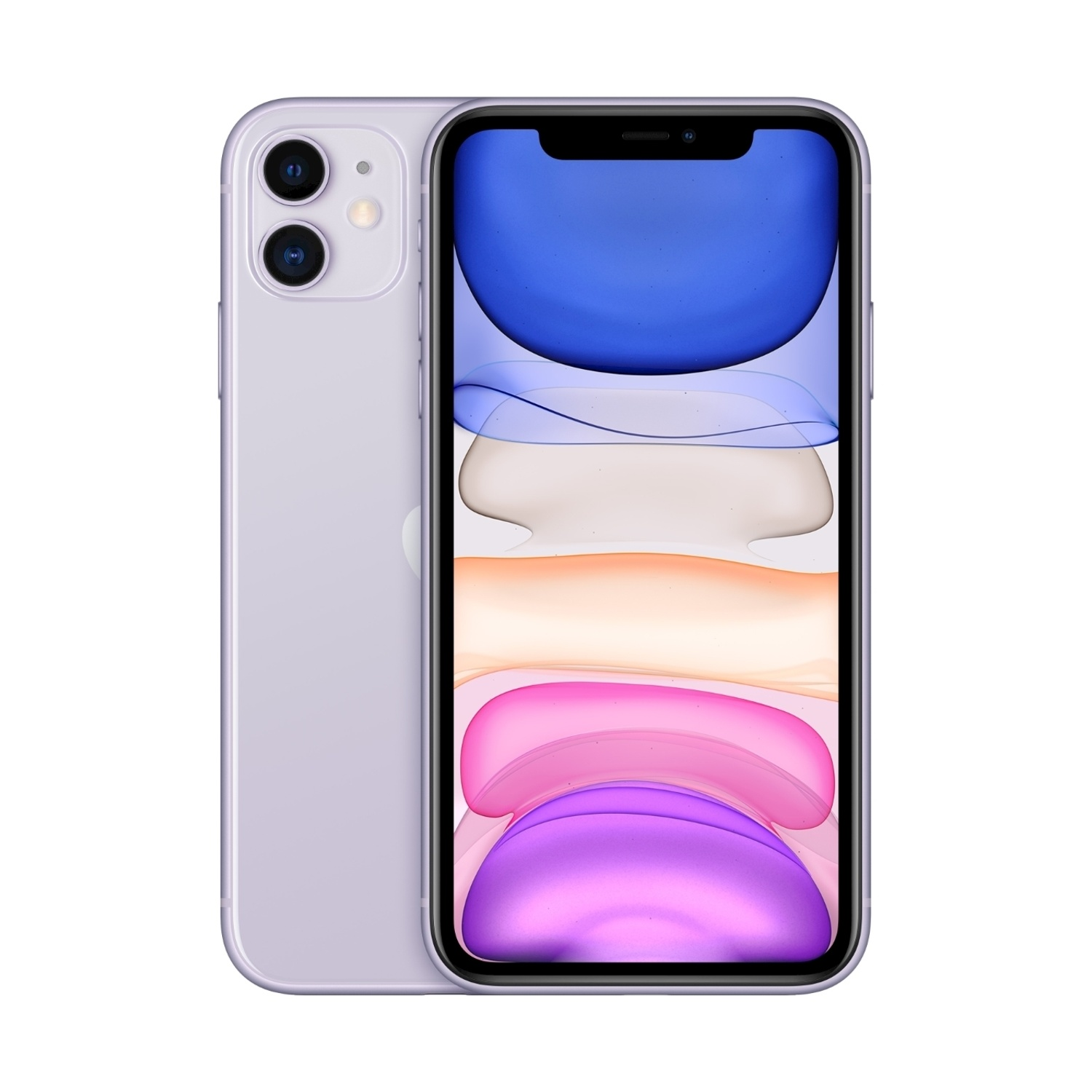Un iPhone 11 viola. Ha due fotocamere posteriori e uno schermo che mostra uno sfondo colorato. Il telefono è su sfondo bianco.