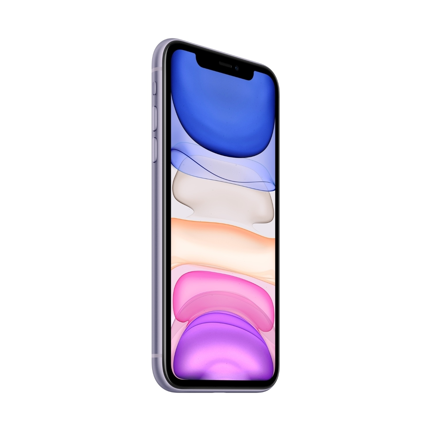 Un iPhone 11 viola è inclinato verso destra, mostrando uno sfondo colorato con sfumature blu, rosa e viola. Lo sfondo è bianco.