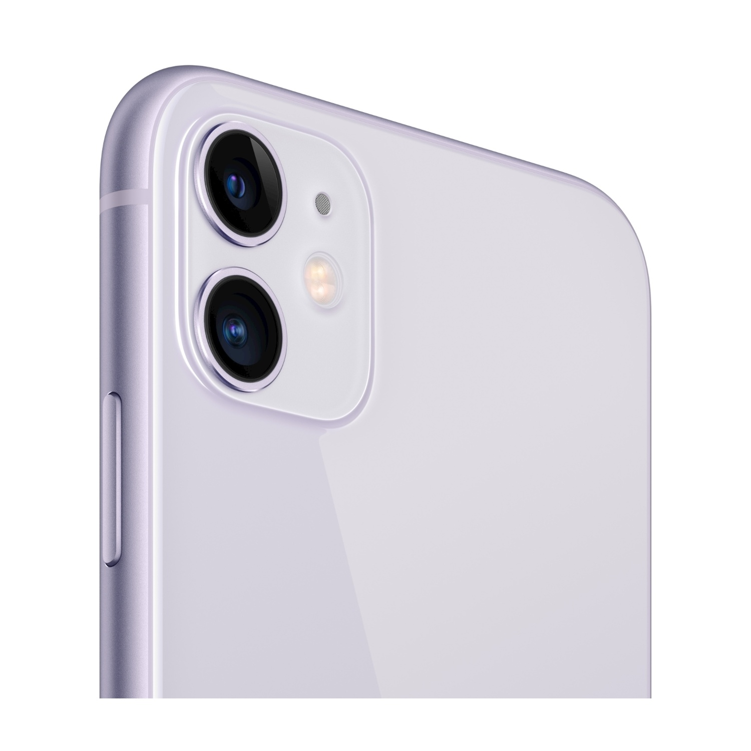 Primo piano di un iPhone 11 viola. Sono visibili due obiettivi della fotocamera, un flash e il retro del telefono. Lo sfondo è bianco.