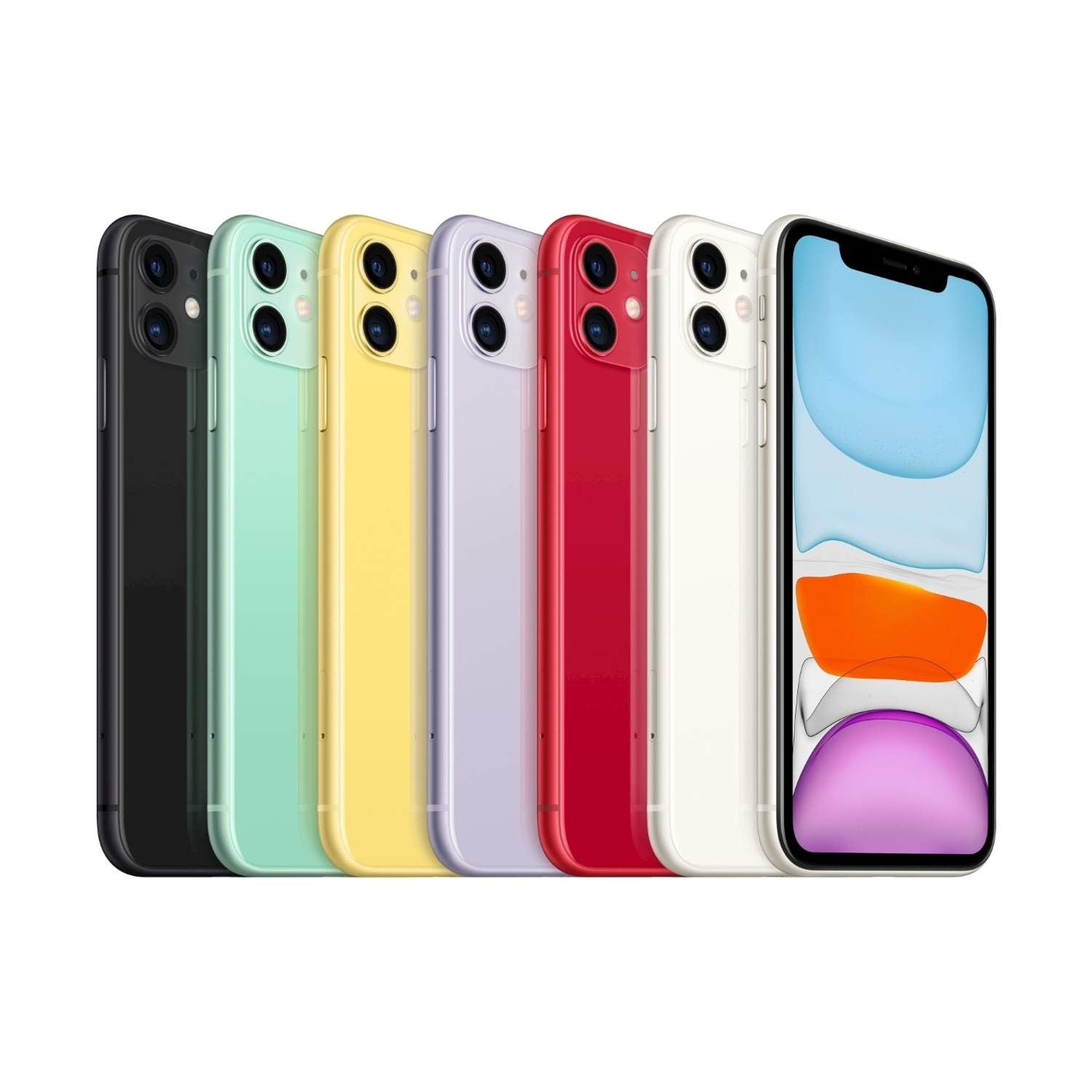 Sette smartphone colorati disposti in fila. Colori: nero, verde menta, giallo, lavanda, rosso, bianco e un telefono con schermo.