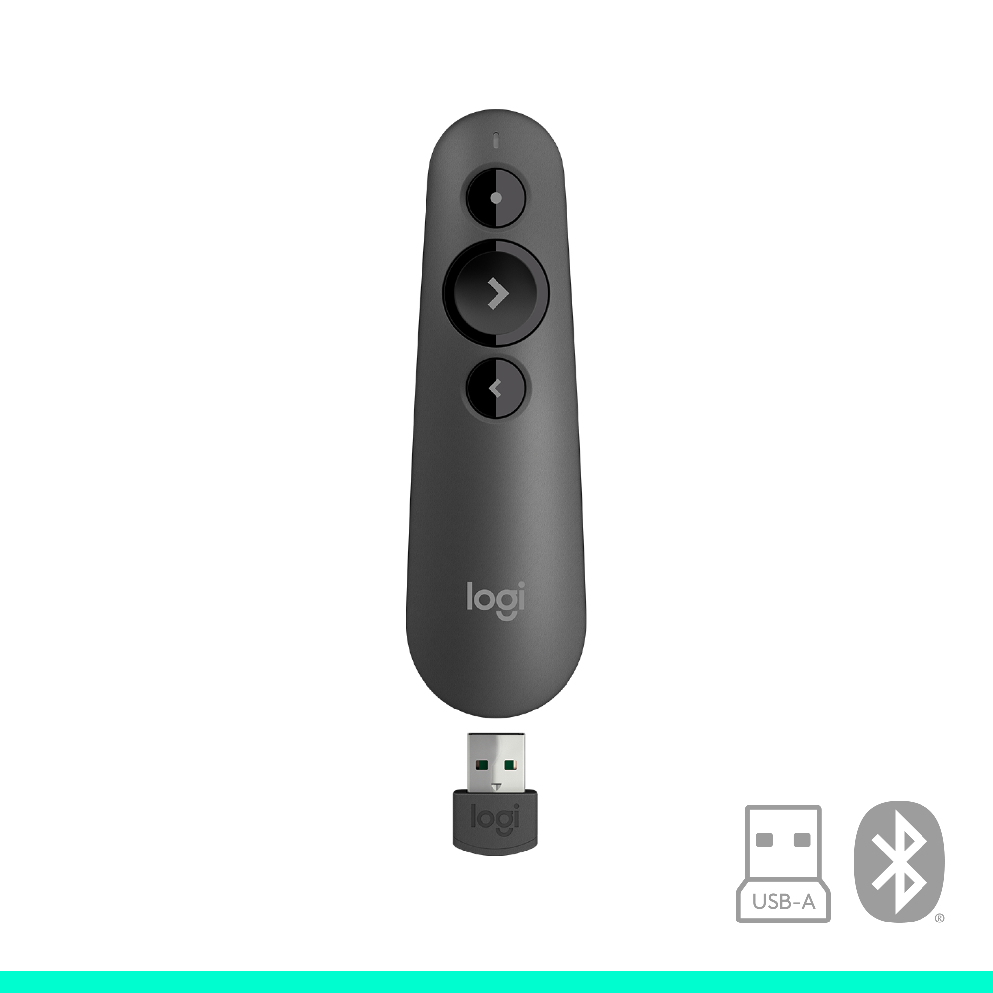 Eine schwarze Logitech-Präsentationsfernbedienung mit USB-Empfänger. Sie hat Navigationstasten und ein Bluetooth-Logo.