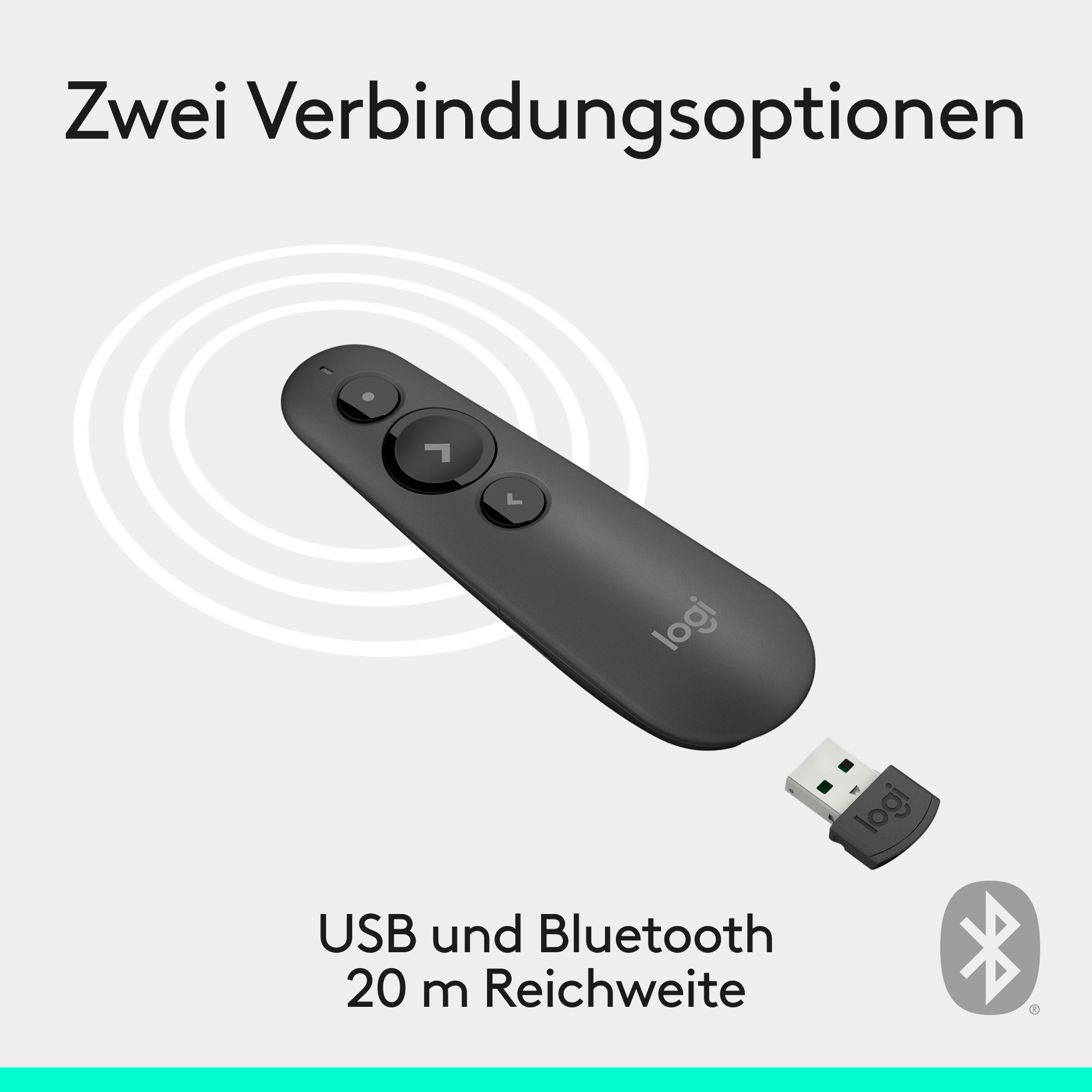 Eine schwarze Logitech-Präsentationsfernbedienung und ein USB-Empfänger. Es zeigt Bluetooth- und USB-Verbindungsoptionen.
