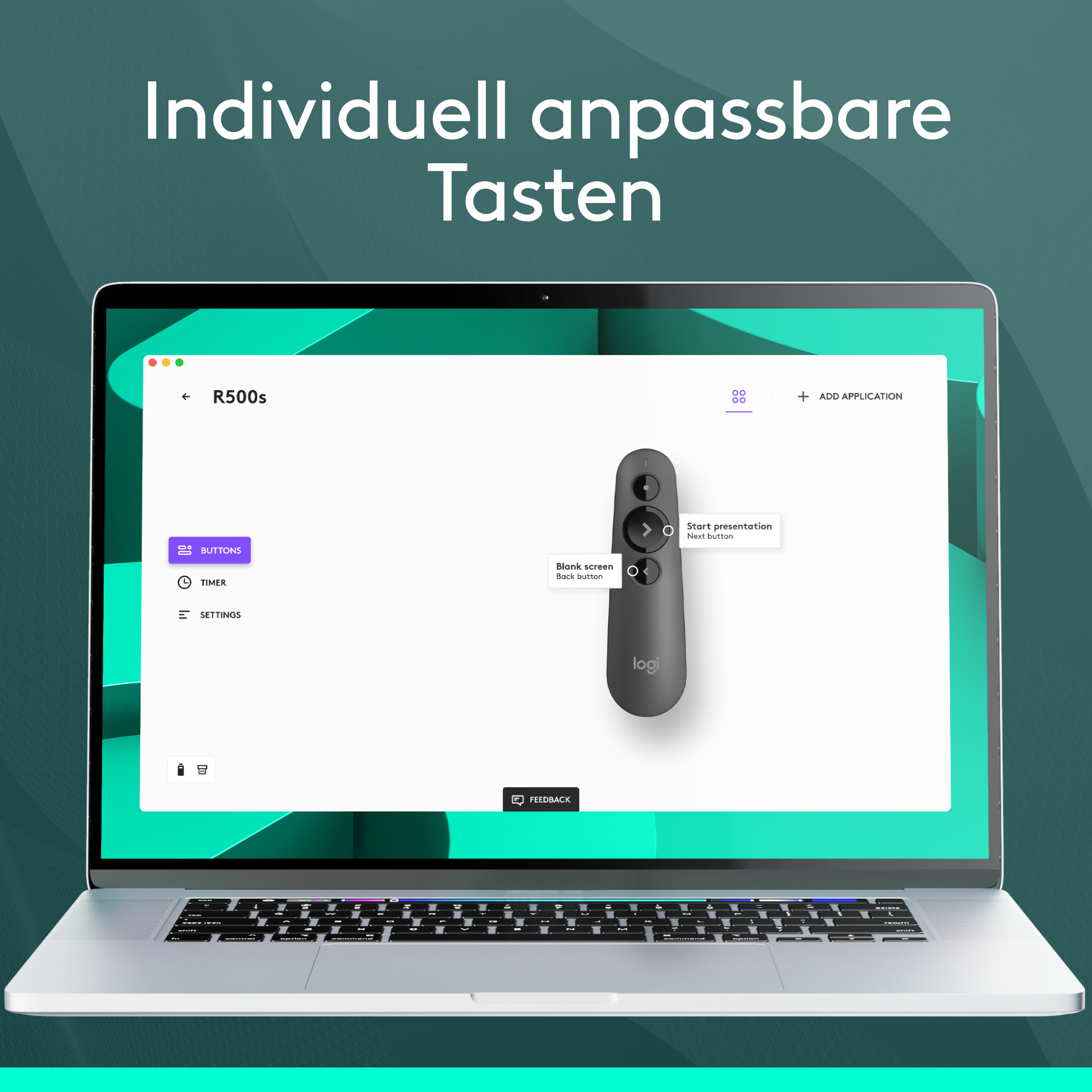 Laptop-Bildschirm zeigt Präsentationsfernbedienung. Die Fernbedienung ist schwarz, mit Tasten und dem Logitech-Logo.