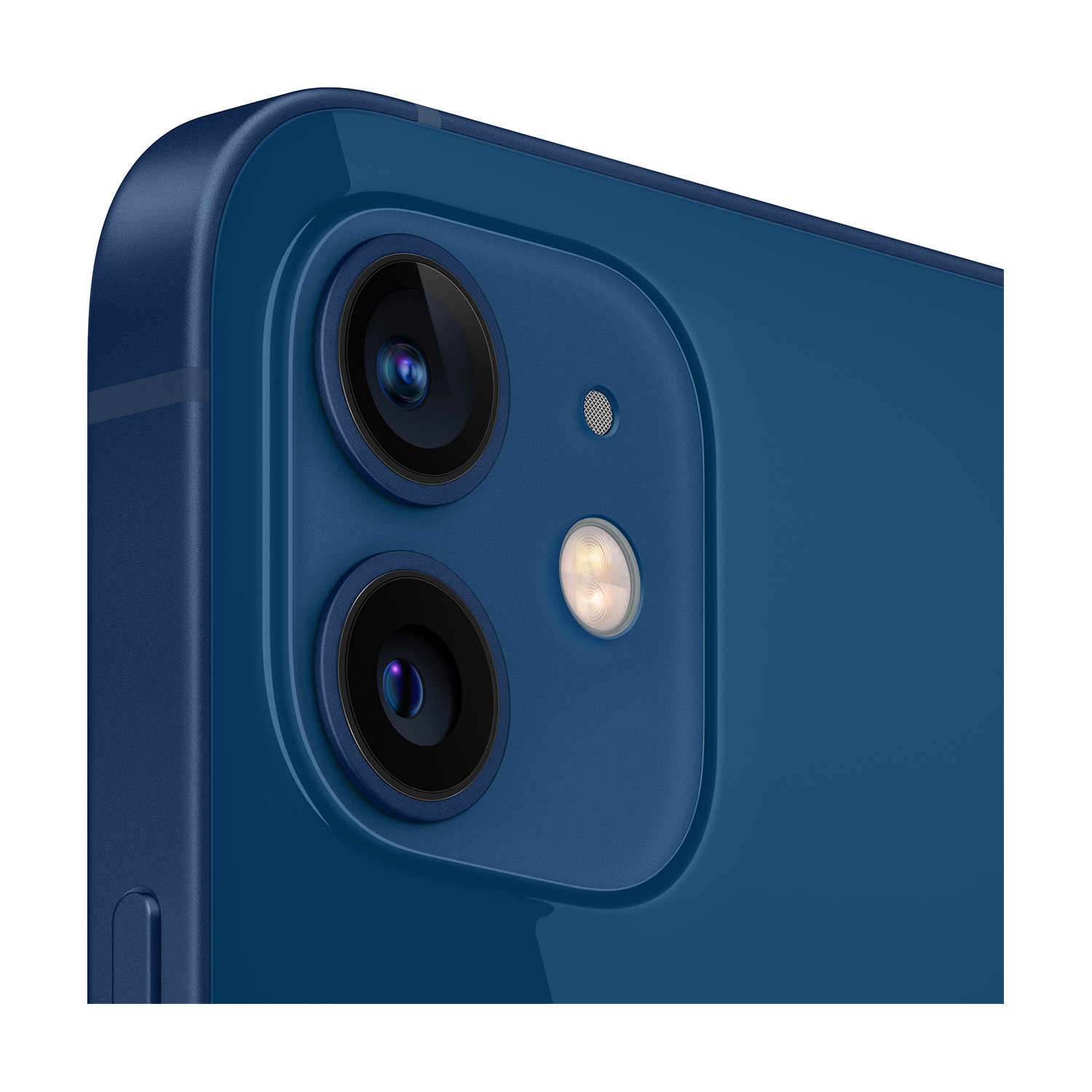 Primo piano del retro blu di un iPhone 12. Sono visibili doppie lenti, flash e microfono.