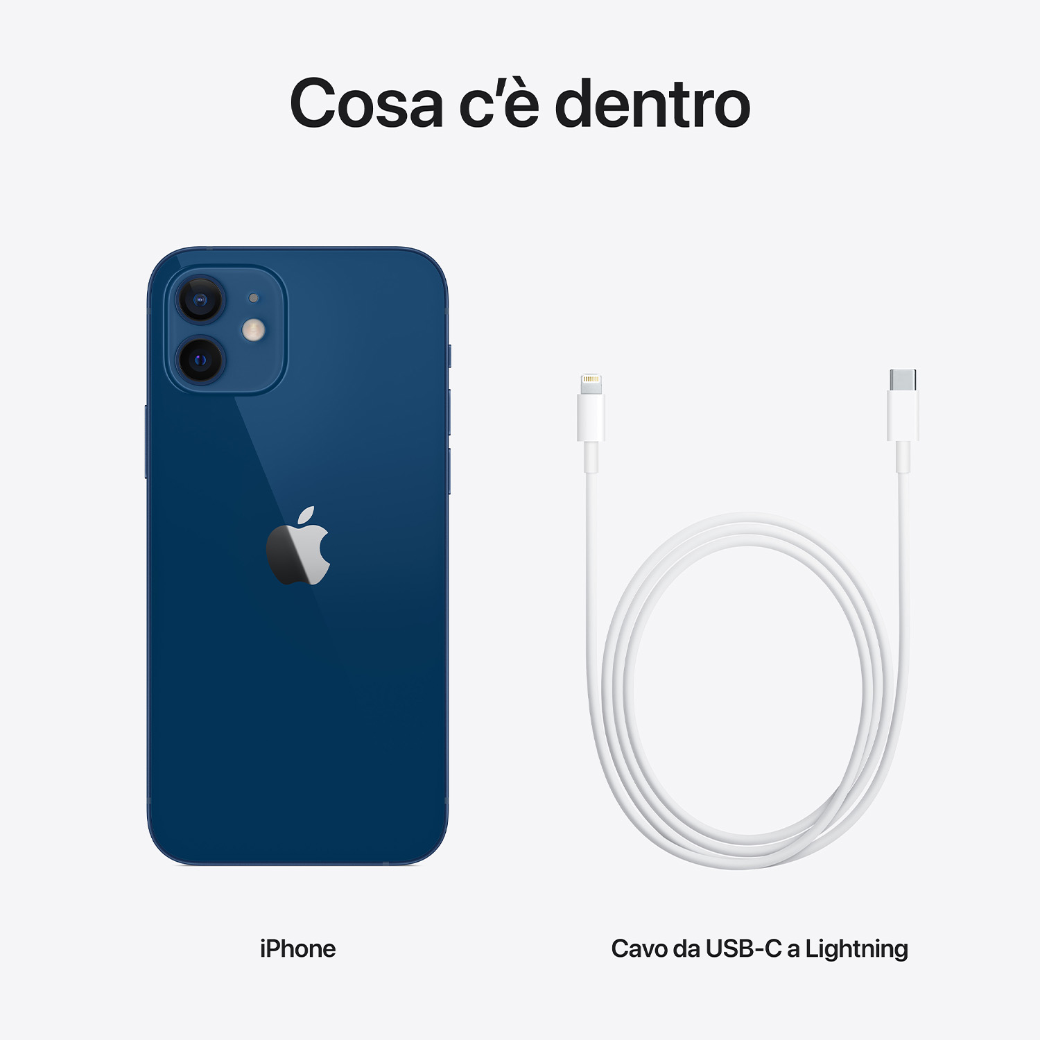 iPhone blu e cavo da USB-C a Lightning bianco su sfondo bianco. Il testo dice: Cosa c'è dentro (Cosa c'è dentro).