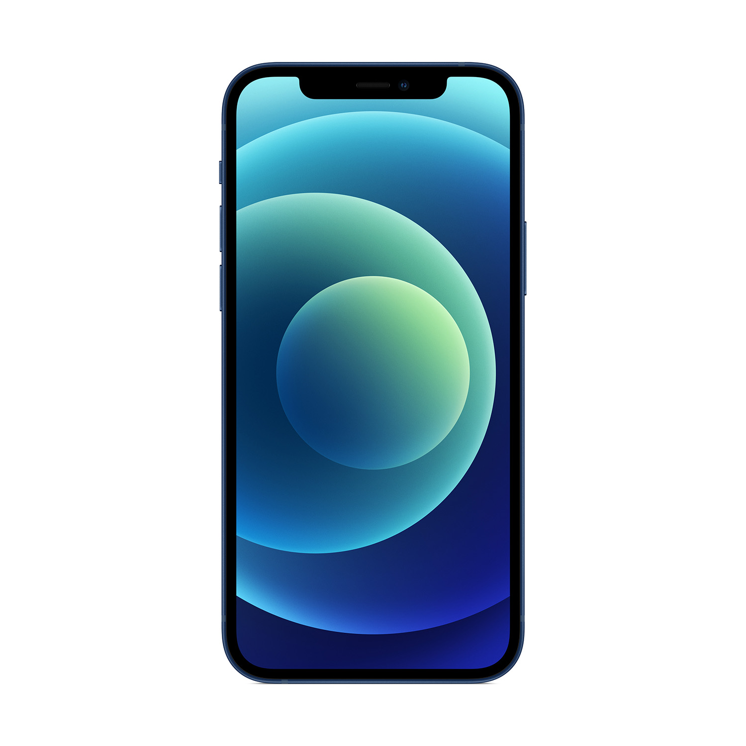 Un iPhone 12 blu su sfondo bianco. Lo schermo mostra un'immagine astratta blu e verde. Il telefono ha un bordo nero.