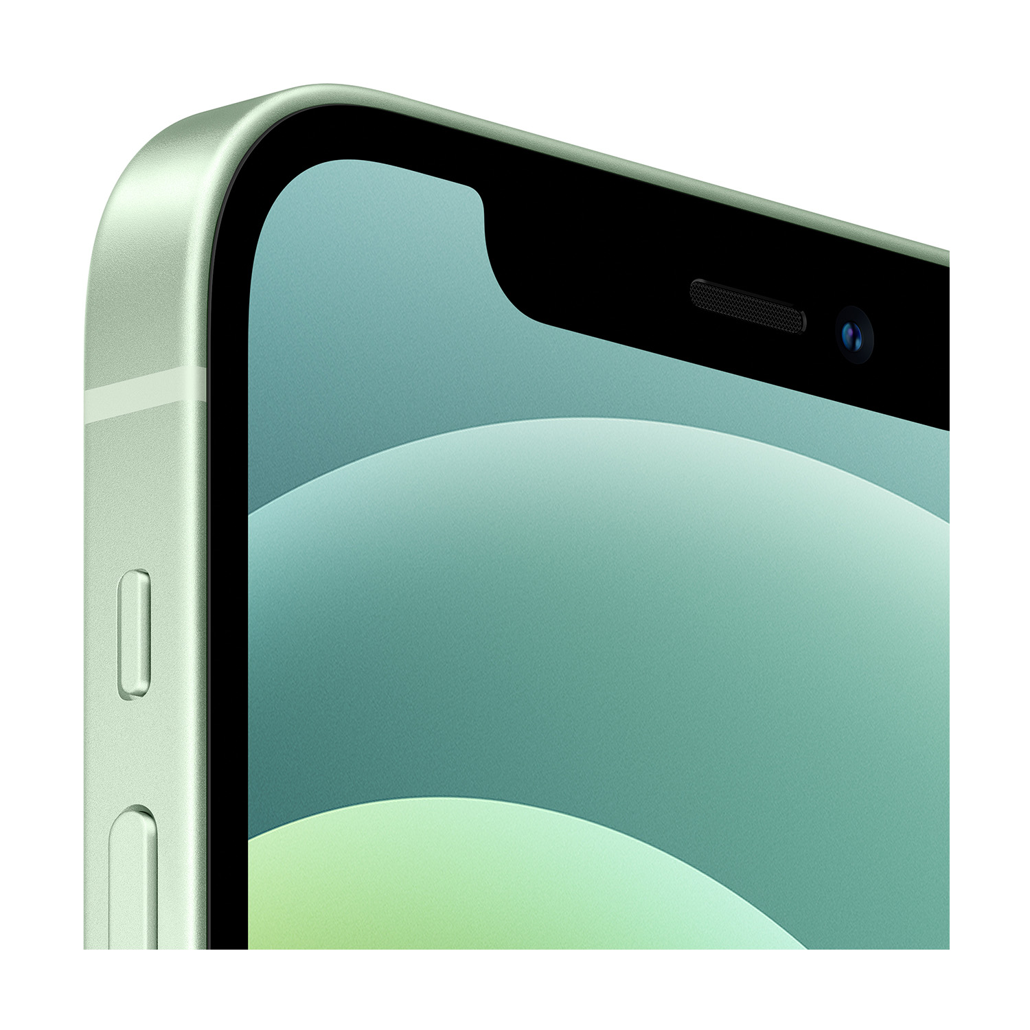 Primo piano di uno smartphone verde menta. Lo schermo ha una sfumatura di verde. C'è una tacca nera con fotocamera e altoparlante.
