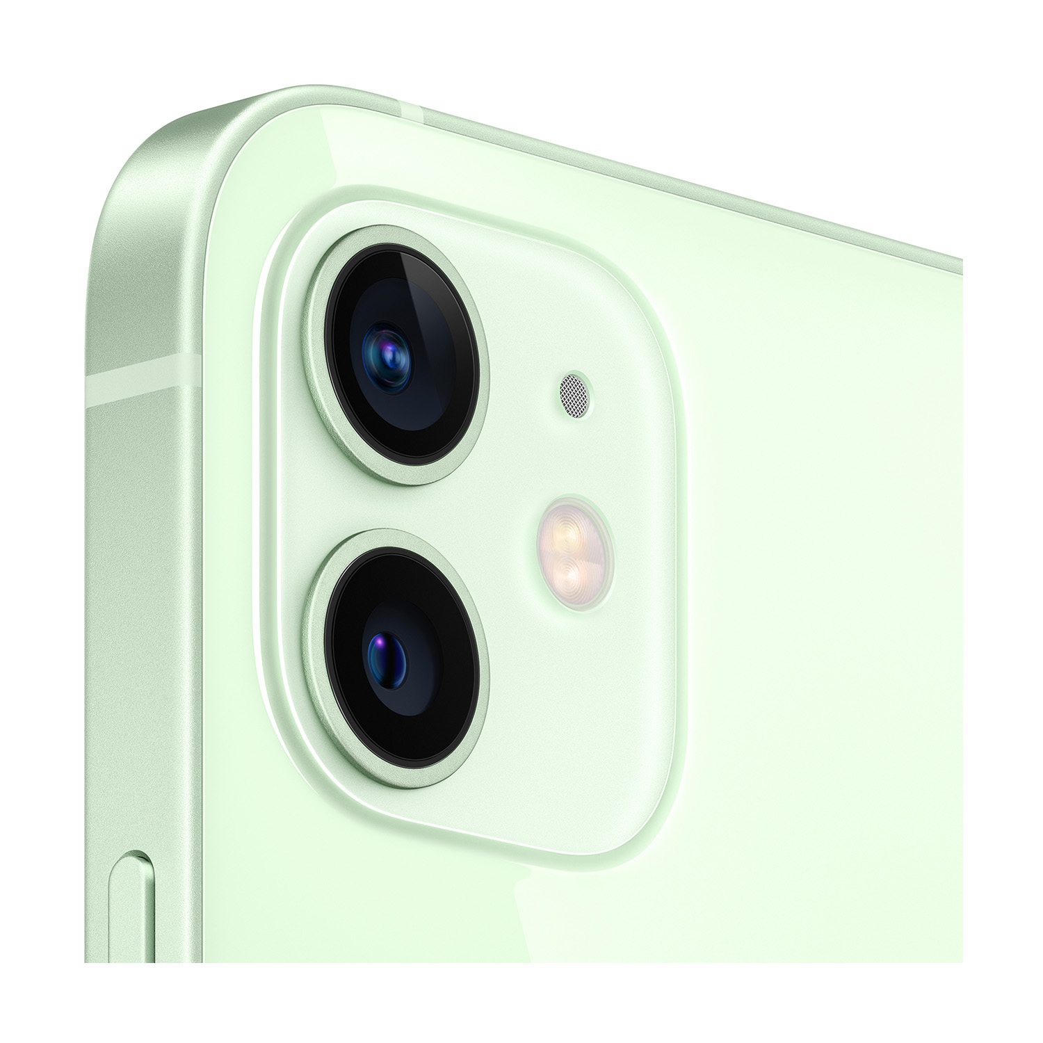 Primo piano del modulo fotocamera di uno smartphone verde chiaro con due lenti nere, un flash e un foro per il microfono su sfondo bianco.