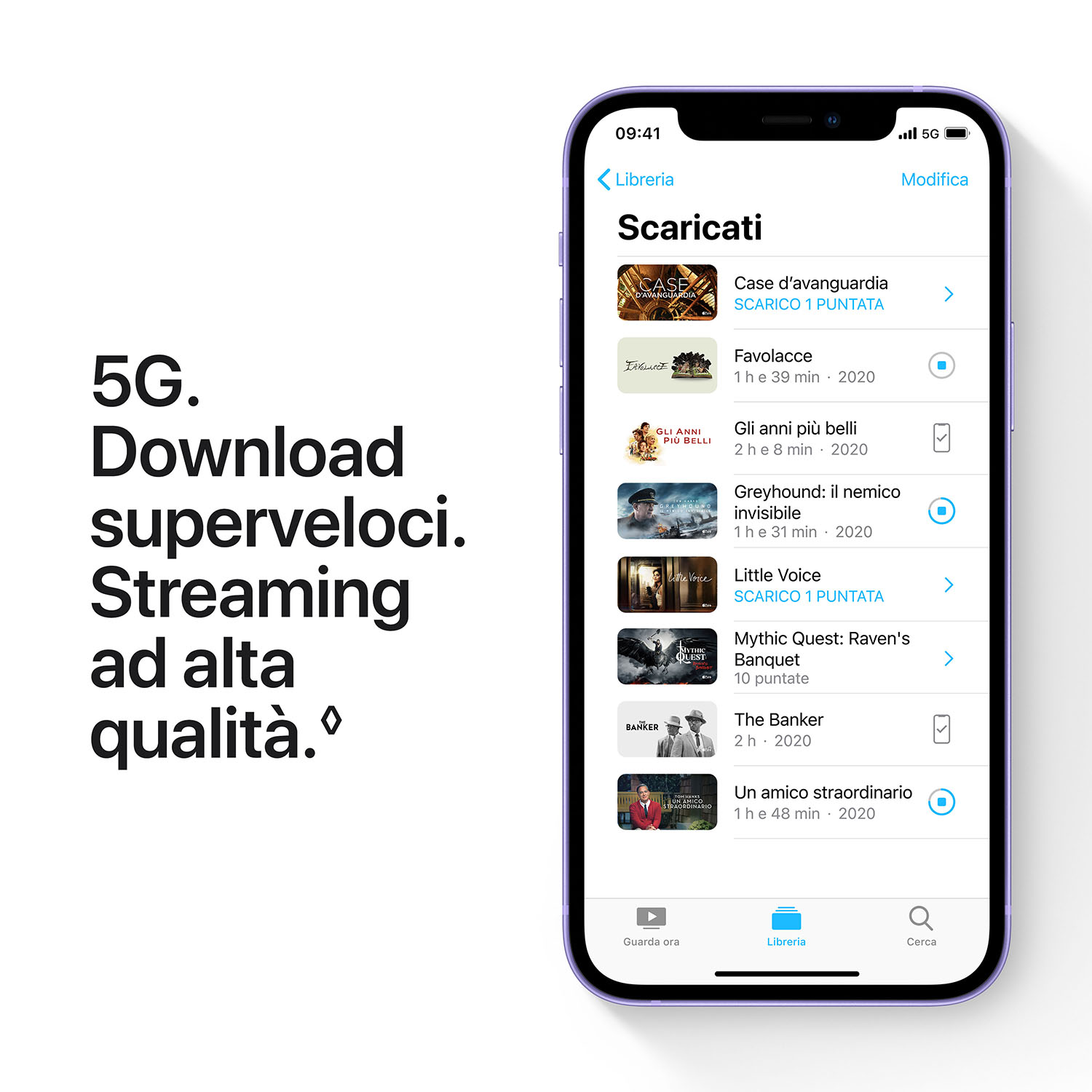 Schermo iPhone con app di streaming. Testo: 5G, download superveloce, streaming in alta qualità.