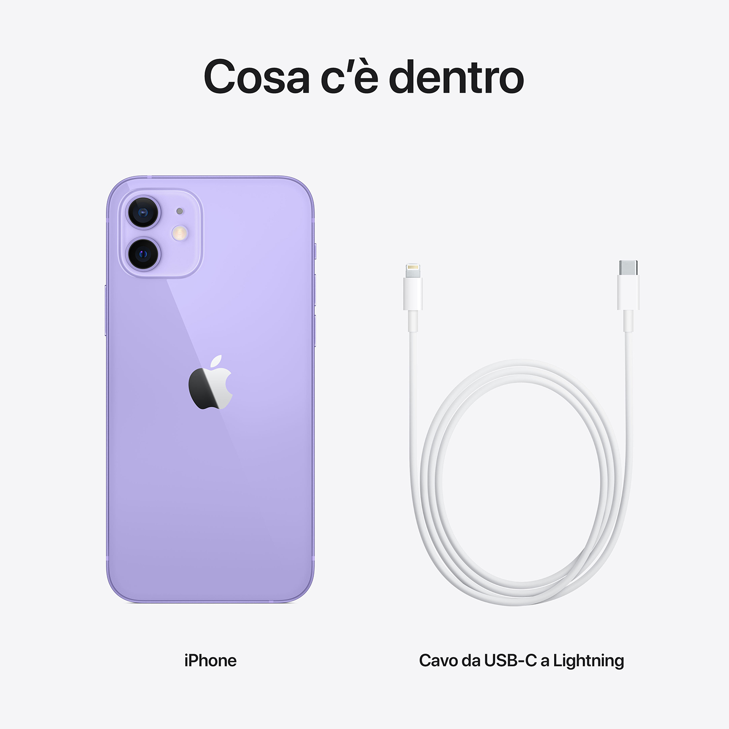 Un iPhone viola e un cavo bianco da USB-C a Lightning su sfondo bianco. Il testo recita "Cosa c'è dentro".