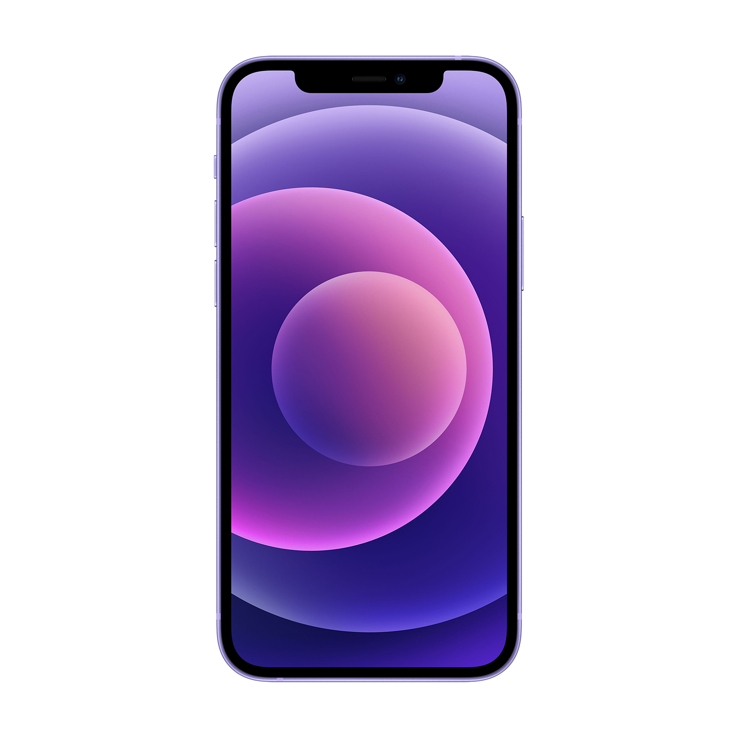 Un iPhone viola con uno sfondo sfumato. Il telefono è su uno sfondo bianco. Lo schermo mostra sfumature di viola e rosa.