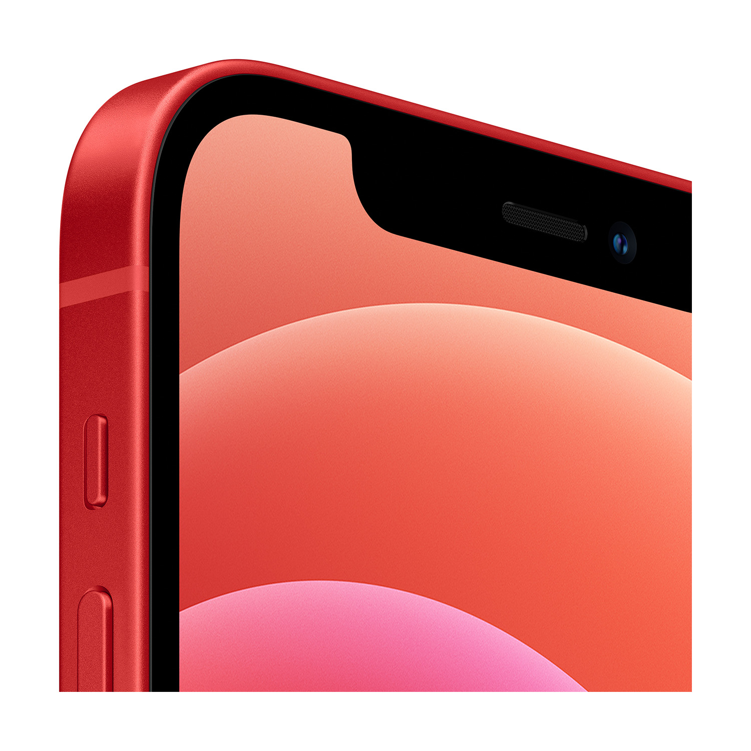 Primo piano di uno smartphone rosso. Lo schermo mostra tonalità arancioni e rosa. Un notch nero ospita fotocamera e altoparlante.