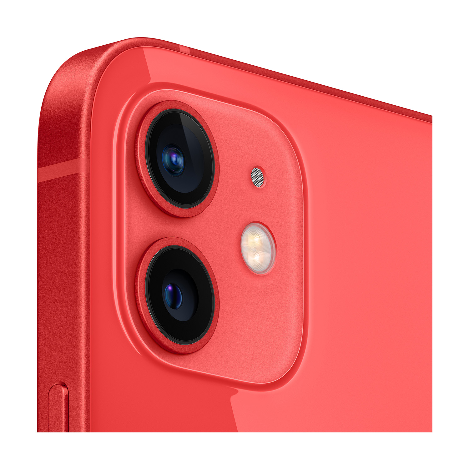 Primo piano di uno smartphone rosso con due obiettivi, un flash e un microfono. Il telefono è su sfondo bianco.