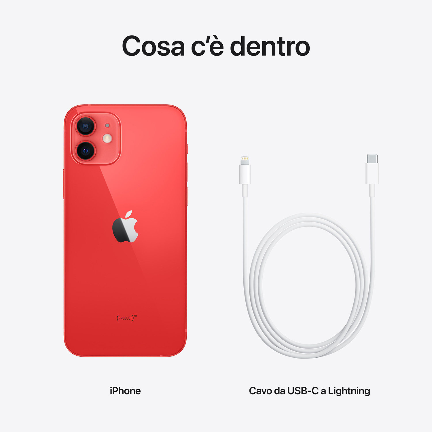 iPhone rosso e cavo bianco da USB-C a Lightning su sfondo bianco. Il testo "Cosa c'è dentro" è in alto.