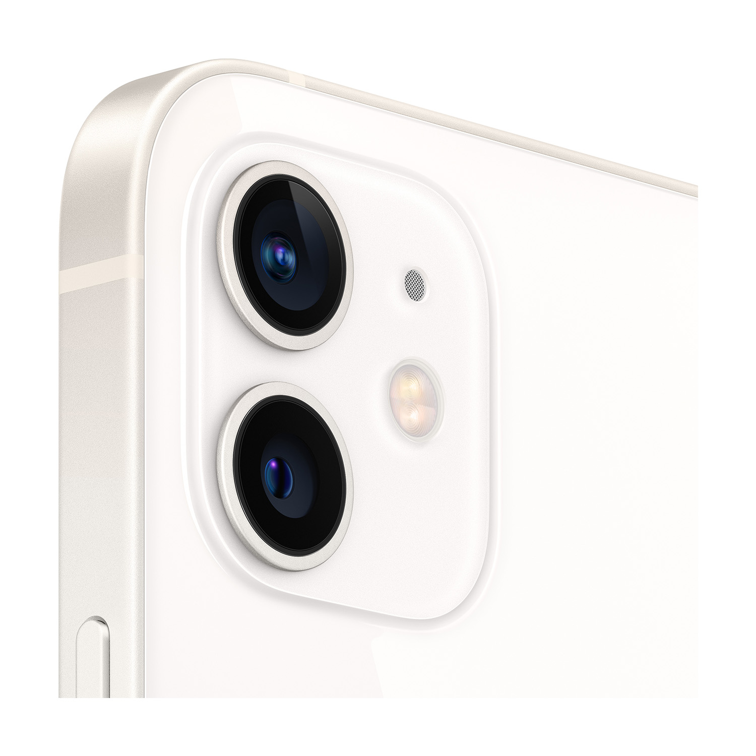 Primo piano del modulo fotocamera di uno smartphone bianco. Sono visibili due obiettivi neri, un piccolo microfono e un flash.