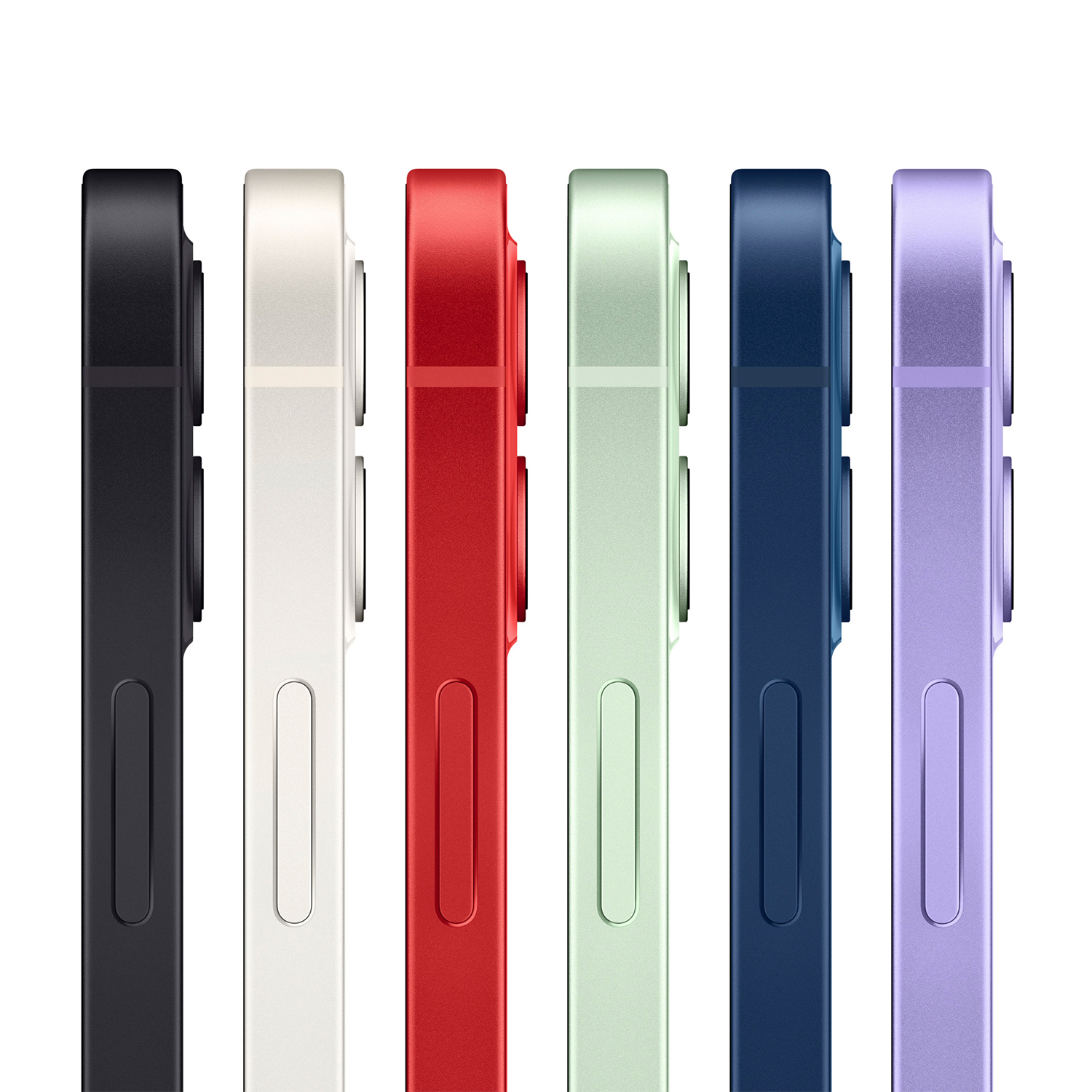 Vista laterale di sei smartphone di diversi colori: nero, bianco, rosso, verde, blu scuro e viola, allineati verticalmente su sfondo bianco.