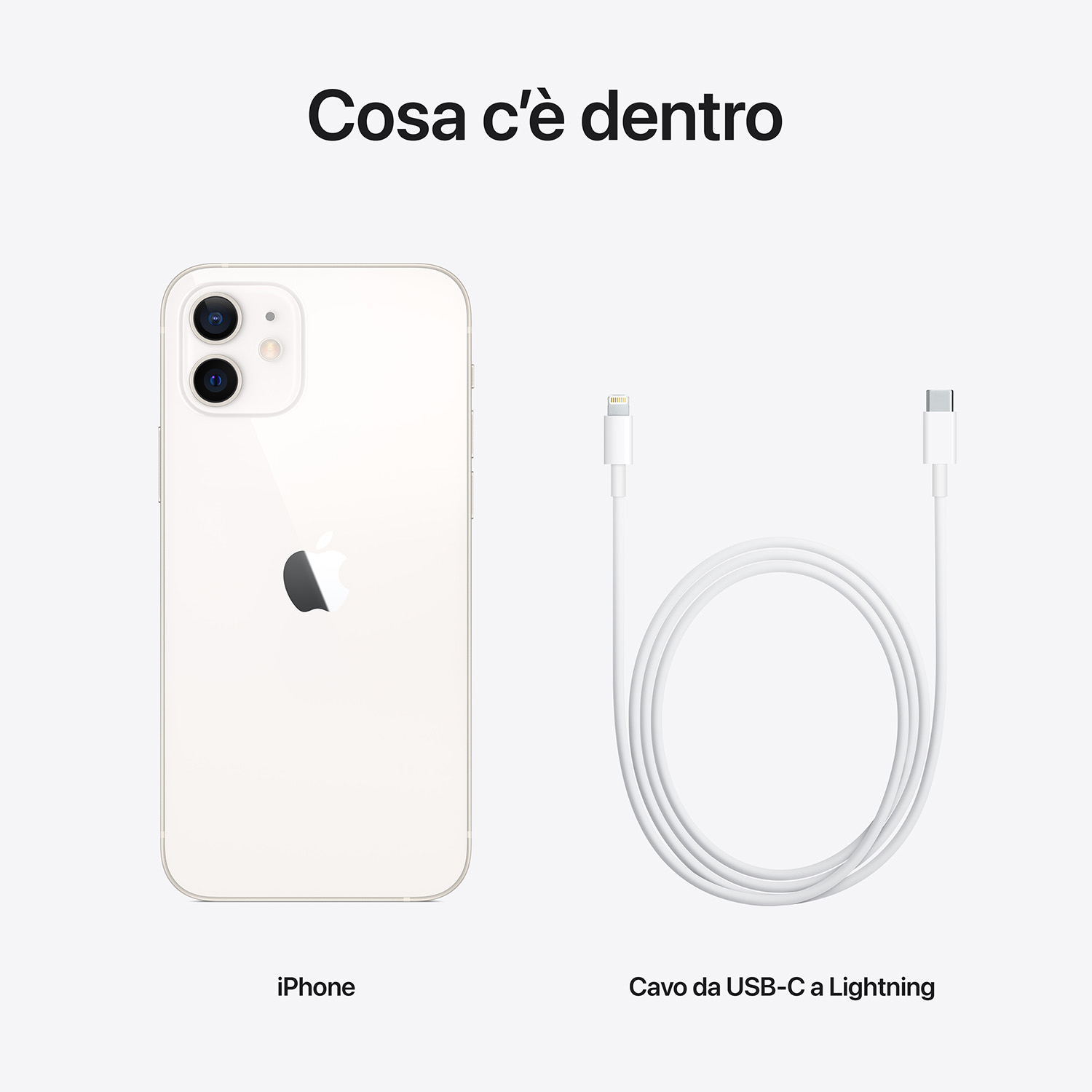 Un iPhone bianco e un cavo USB-C a Lightning, entrambi su sfondo bianco. Testo: 'Cosa c'è dentro'.