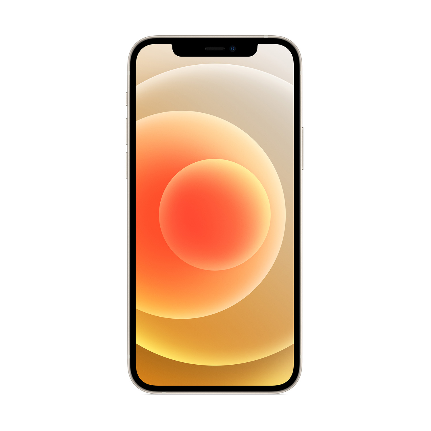 Viene mostrato un iPhone. Lo schermo mostra una sfumatura di arancione, giallo e bianco. Il telefono ha un bordo nero e uno sfondo bianco.