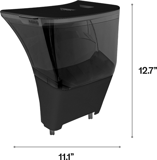 Schwarzer Wasserbehälter mit Maßen. Oben gebogen, Seiten ausgestellt. Maße: 11,1" und 12,7".