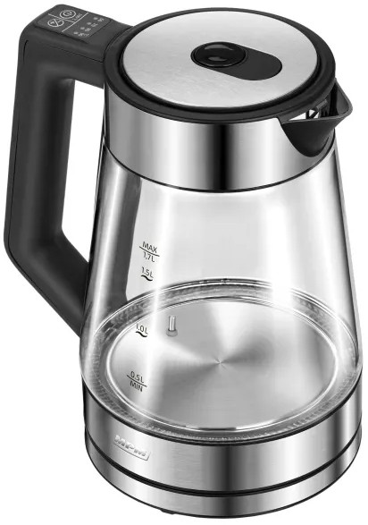 Przezroczysty czajnik elektryczny ze szkła i stali nierdzewnej, z czarnym uchwytem i panelem sterowania oraz pokrywką.