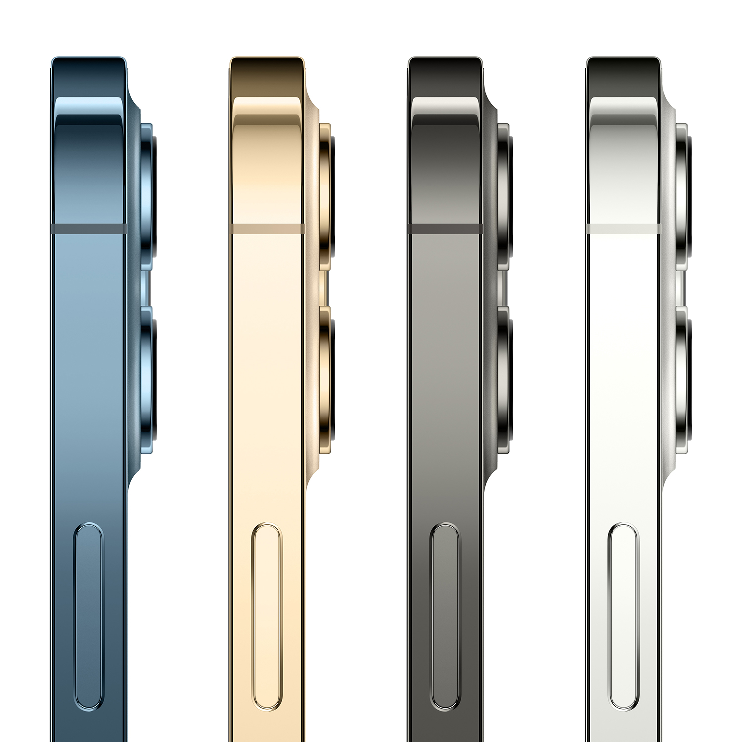 Quattro modelli di iPhone 13 Pro visti lateralmente in blu, oro, grafite e argento. Ogni telefono ha un rilievo della fotocamera e pulsanti laterali.