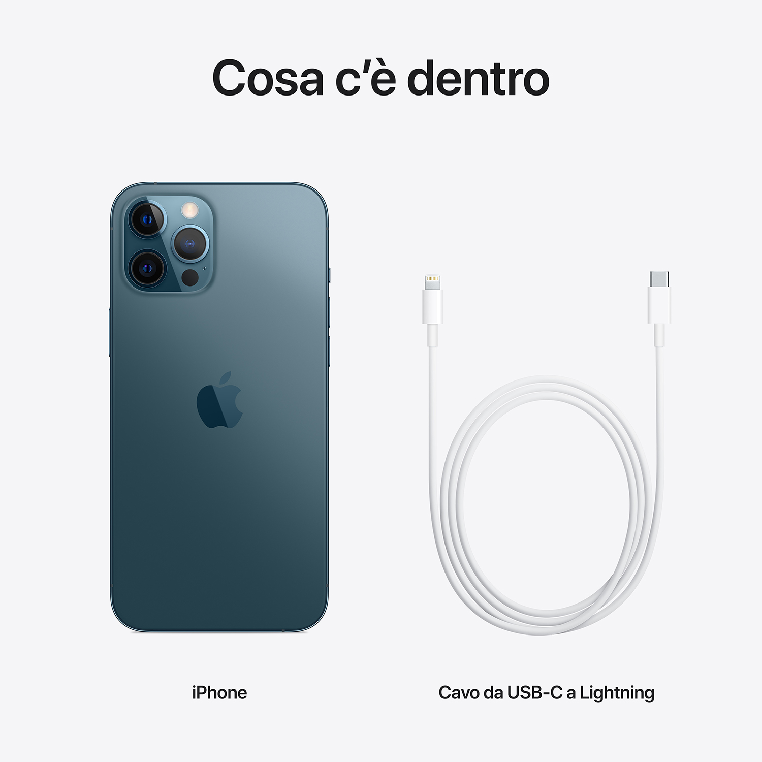L'immagine mostra un iPhone blu e un cavo da USB-C a Lightning bianco. Entrambi sono su sfondo bianco.