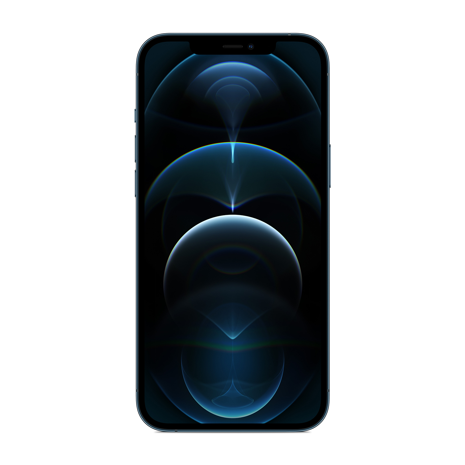 Uno smartphone con schermo blu scuro che mostra forme astratte blu. Il telefono è centrato su sfondo bianco.