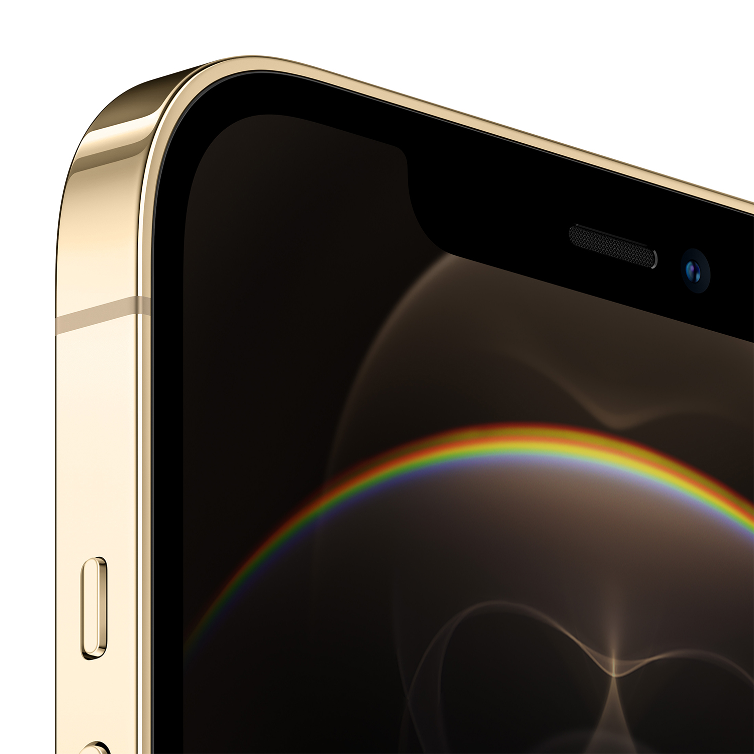 Angolo dell'iPhone dorato. Schermo nero con riflesso arcobaleno. Cornice dorata con pulsanti. Dettagli della fotocamera e dell'altoparlante visibili.