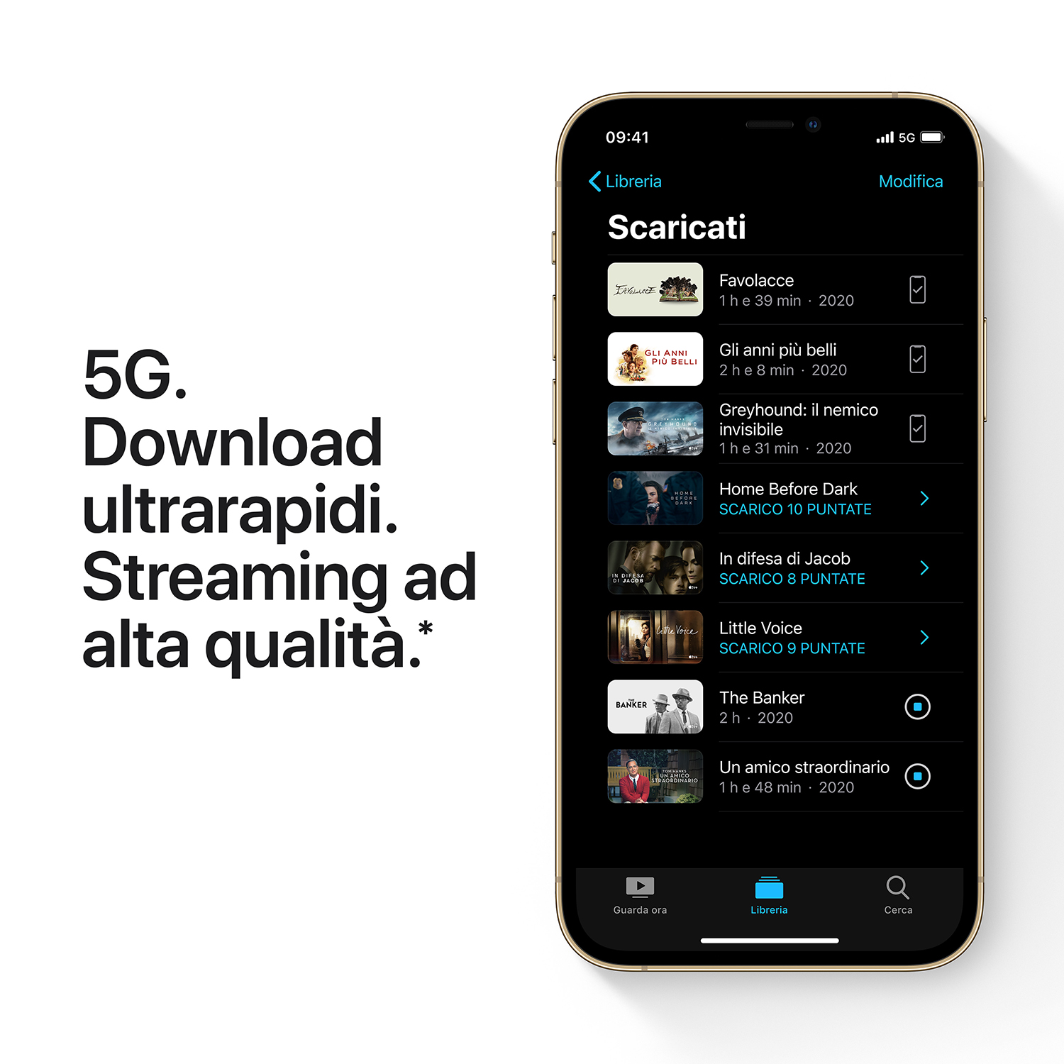 iPhone con interfaccia di streaming. Testo: 5G download ultrarapidi, streaming ad alta qualità. Vengono mostrati film e programmi TV.