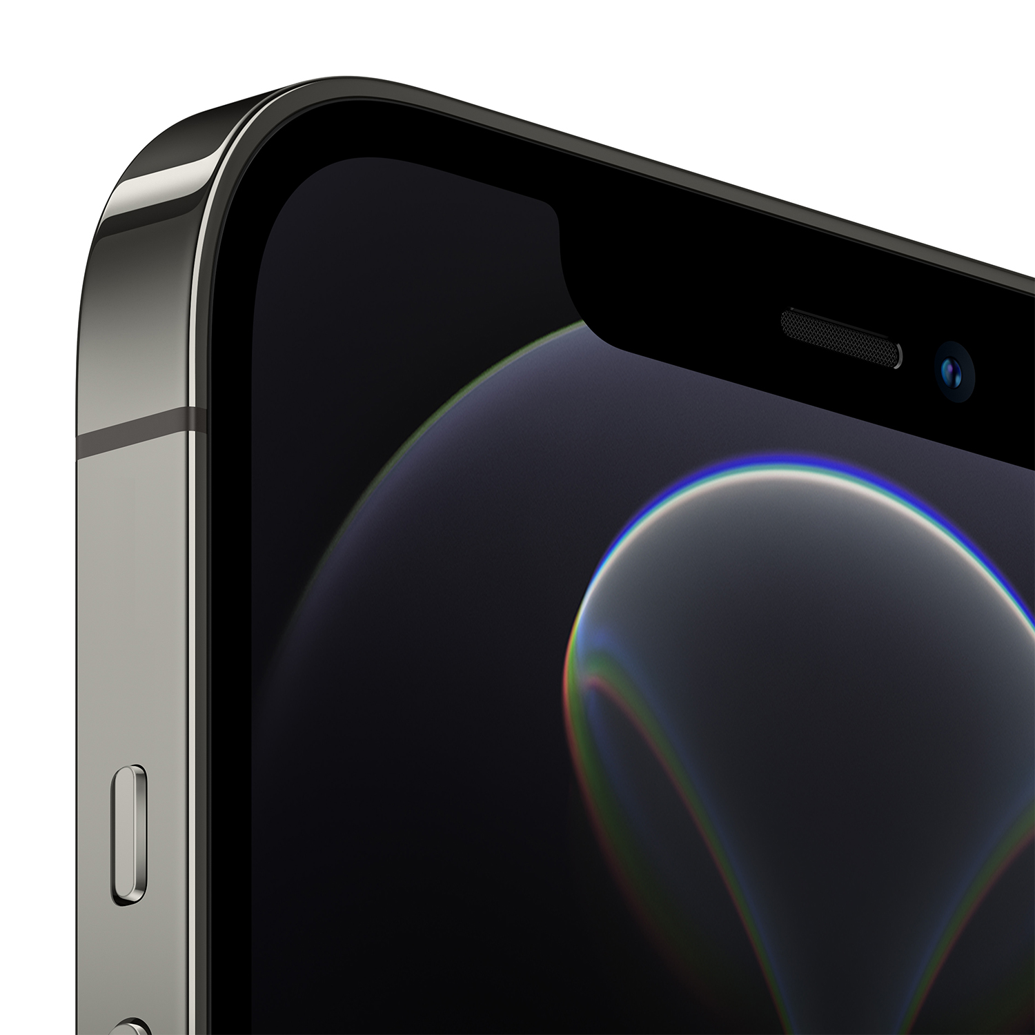 Primo piano di uno smartphone. Il telefono è grigio, con uno schermo nero. Sono visibili i pulsanti laterali e la fotocamera frontale.