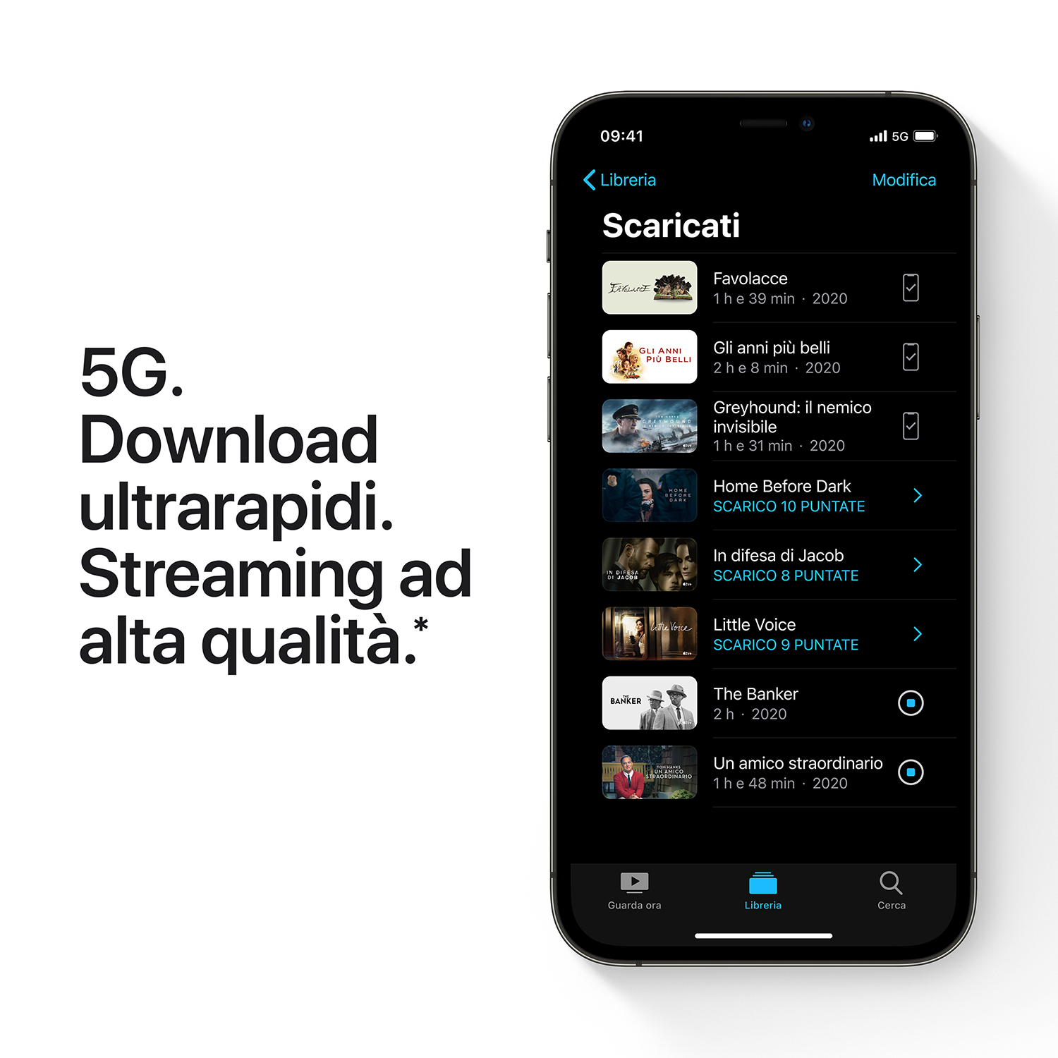 Uno schermo di smartphone mostra un'app di streaming. Testo: 5G, Download ultrarapidi, Streaming ad alta qualità.
