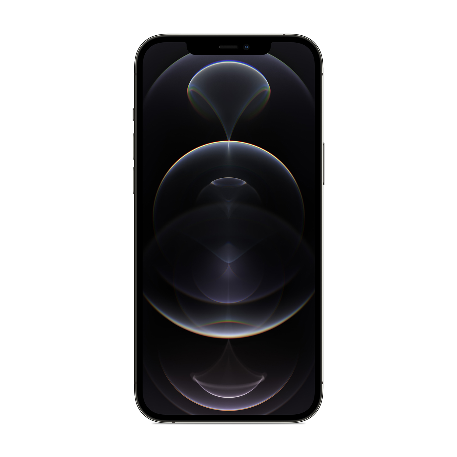 Uno smartphone nero con uno sfondo astratto circolare scuro. Il telefono è centrato su uno sfondo bianco.