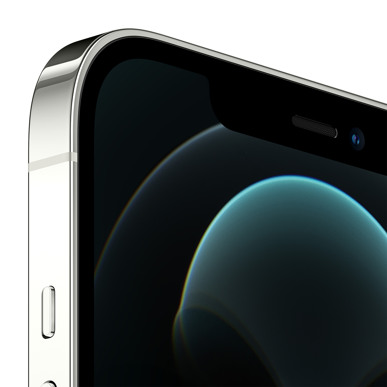 Primo piano di uno smartphone. Cornice argentata, schermo nero con forme astratte blu e verdi. Fotocamera e altoparlante visibili.