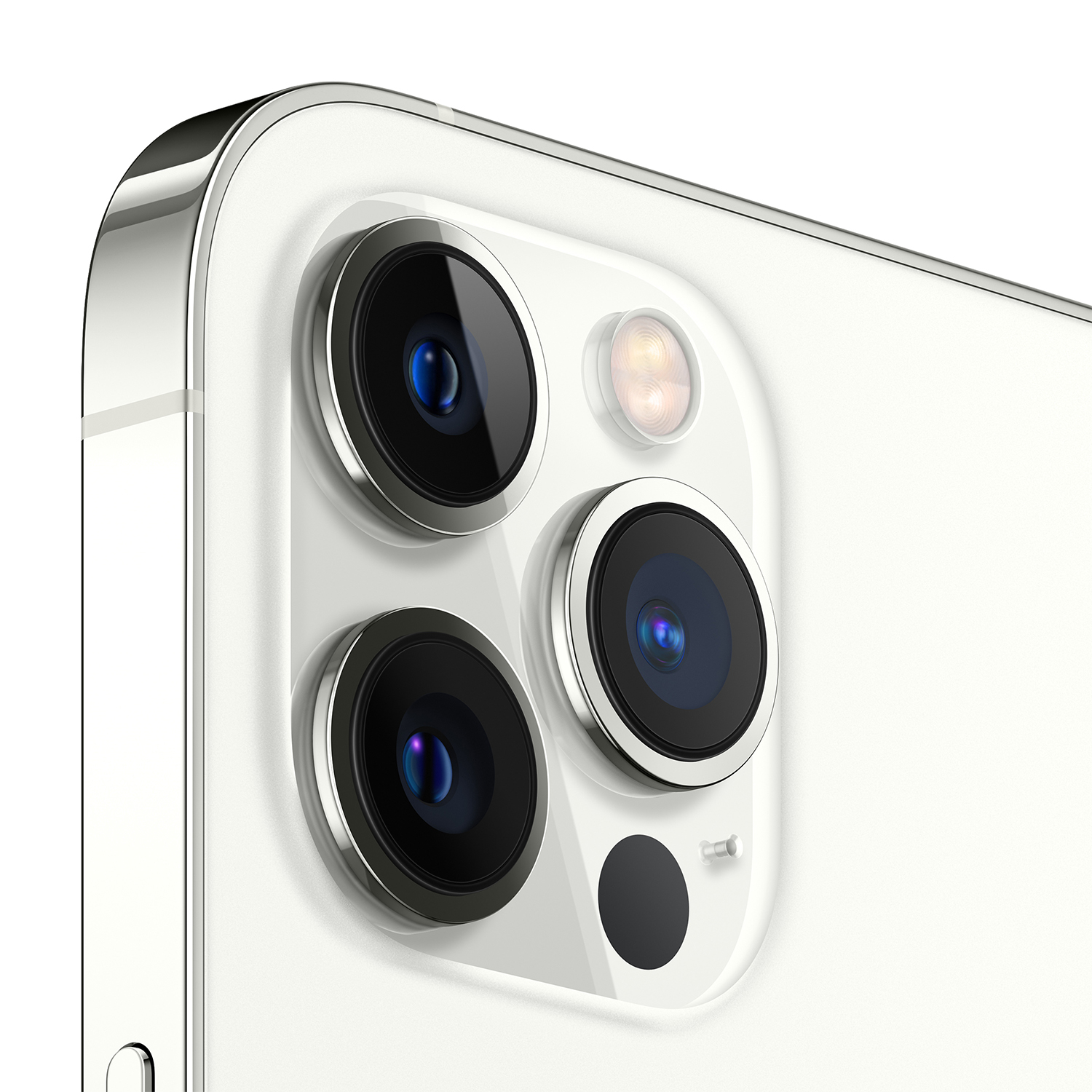 Primo piano di uno smartphone bianco con tre obiettivi, un flash e un microfono. Bordi argentati lucidi e una cover posteriore bianca.